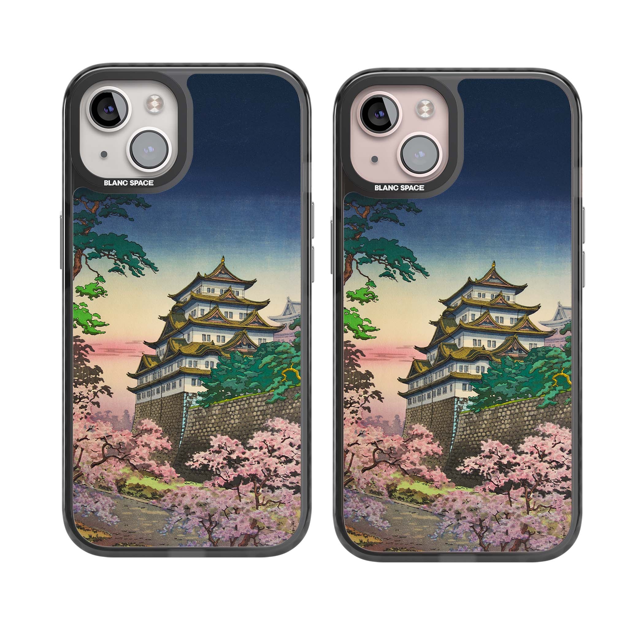 Nagoya Castle Japanese iPhone case featuring a vintage pagoda, twilight sky and cherry blossom trees | Black Impact Magsafe case for iPhone 13, iPhone 14, iPhone 15