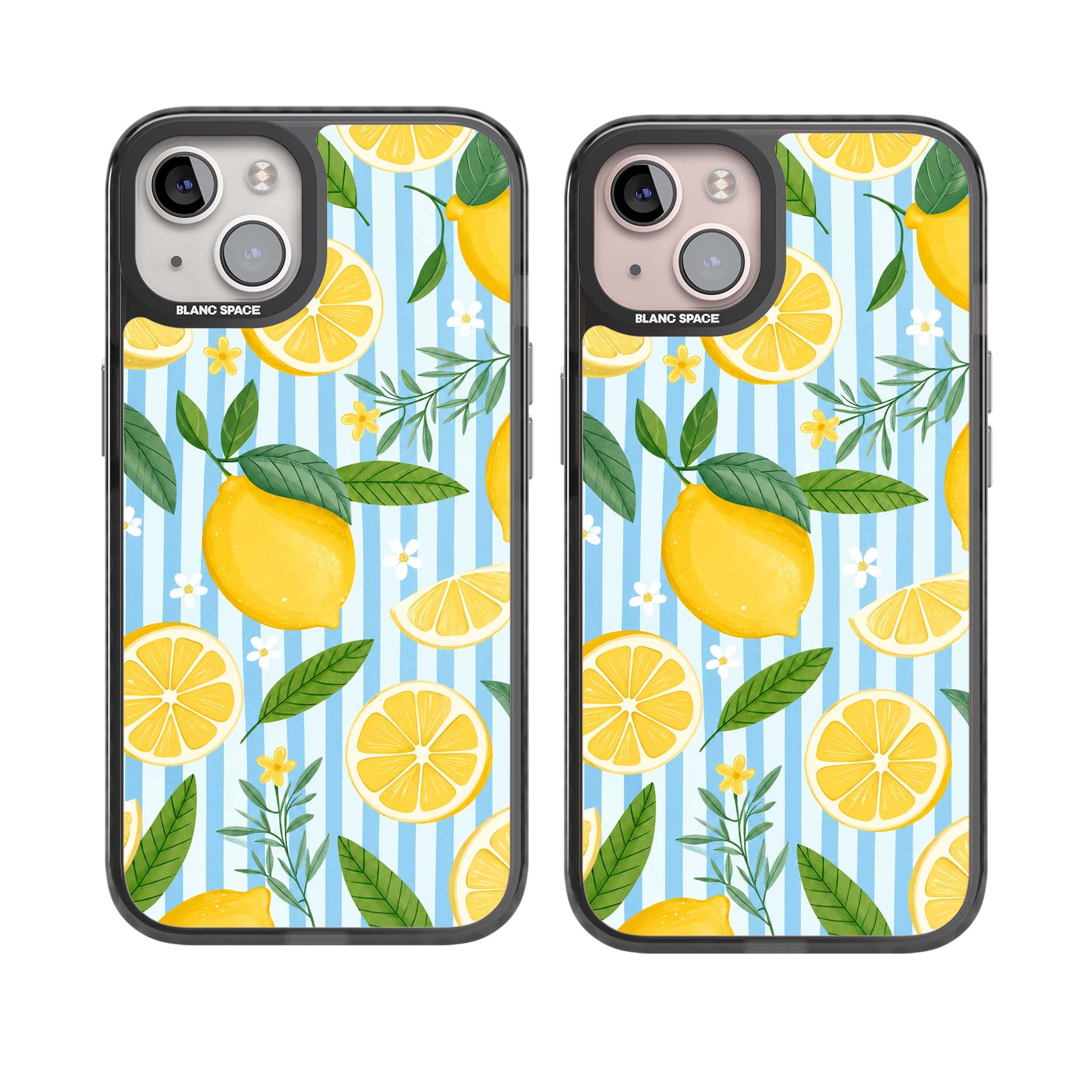 Capri Citrus Stripe coastal iPhone case featuring yellow lemons, blue stripes, and white daisy blossoms | Black Impact Magsafe case for iPhone 13, iPhone 14, iPhone 15