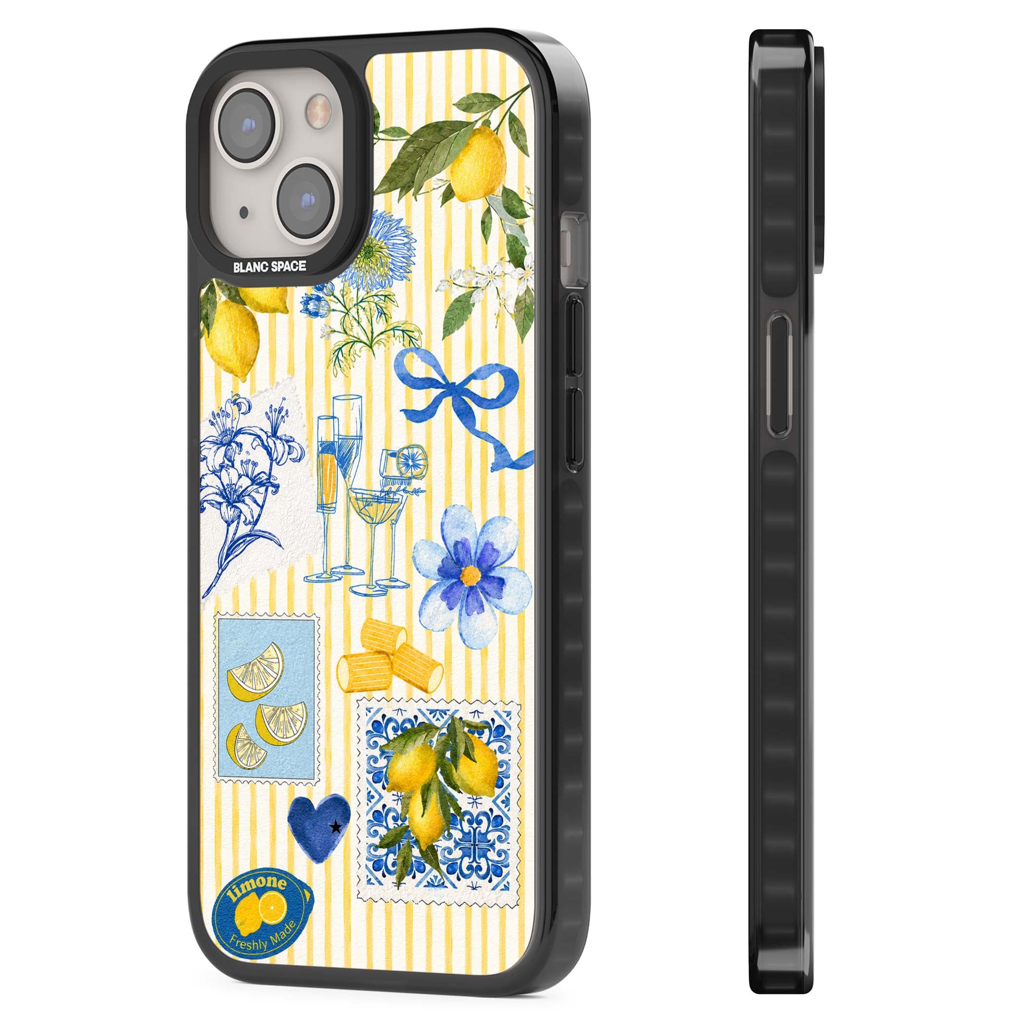 Limone Riviera Italian summer iPhone case featuring watercolour lemons, blue ribbon bows and majolica tile stamps on... | Black Impact Magsafe case for iPhone 13, iPhone 14, iPhone 15