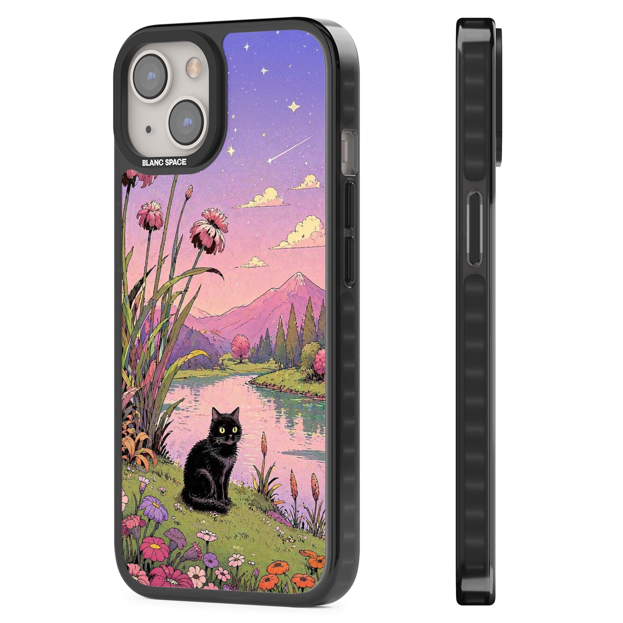 Mystic Whiskers ghibli iPhone case featuring a black cat by a pastel lake, wildflowers and a starry sunset sky | Black Impact Magsafe case for iPhone 13, iPhone 14, iPhone 15