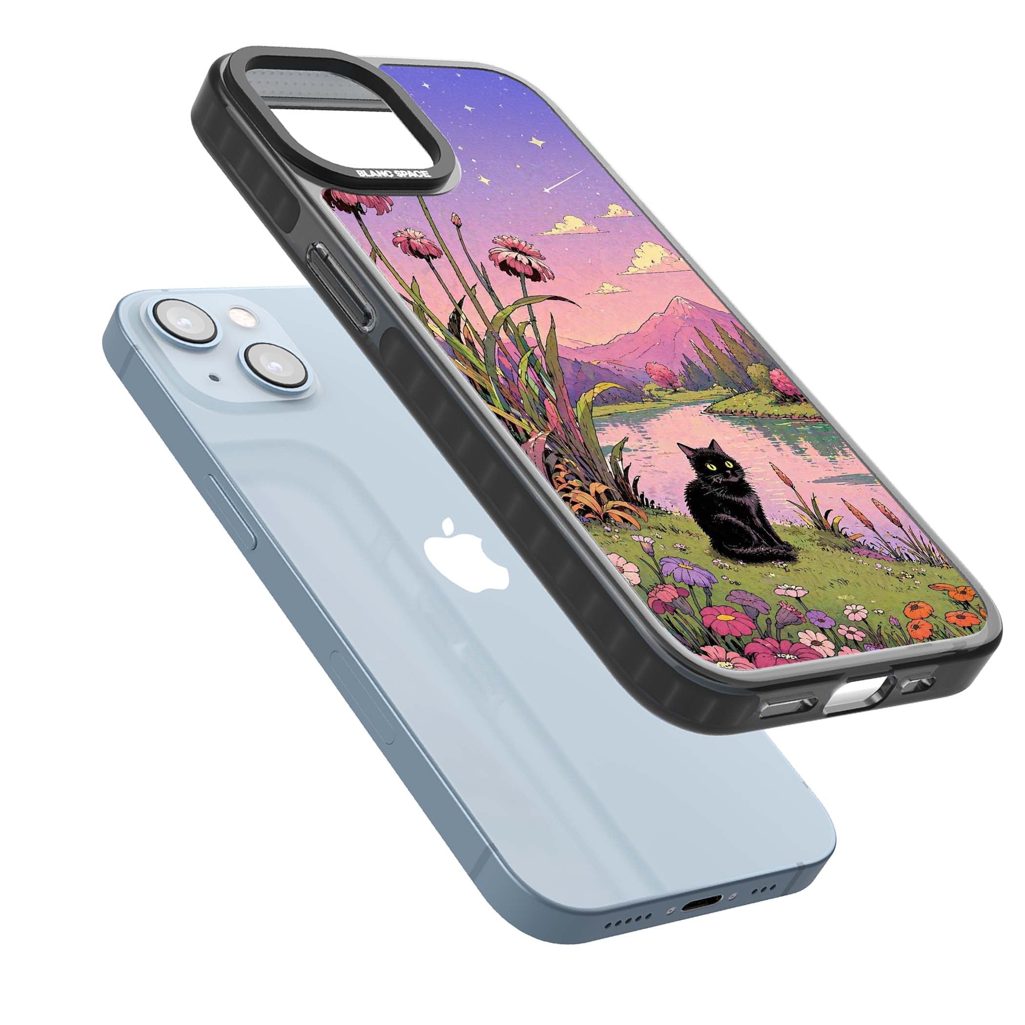 Mystic Whiskers ghibli iPhone case featuring a black cat by a pastel lake, wildflowers and a starry sunset sky | Black Impact Magsafe case for iPhone 13, iPhone 14, iPhone 15