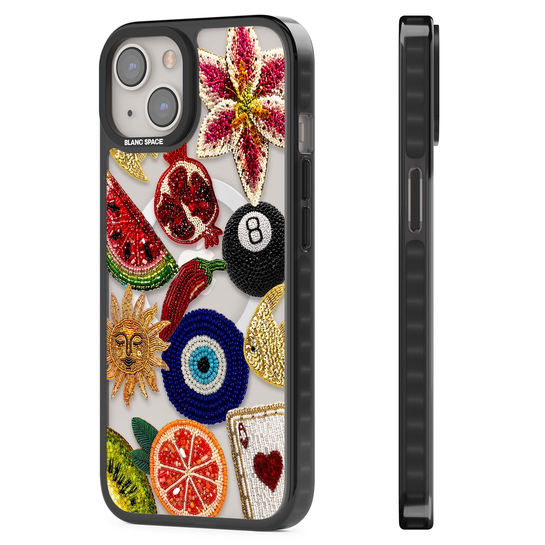 Beaded Charms embroidery iPhone case featuring beaded evil eye, fruit patches and a golden sun motif | Black Impact Magsafe case for iPhone 13, iPhone 14, iPhone 15