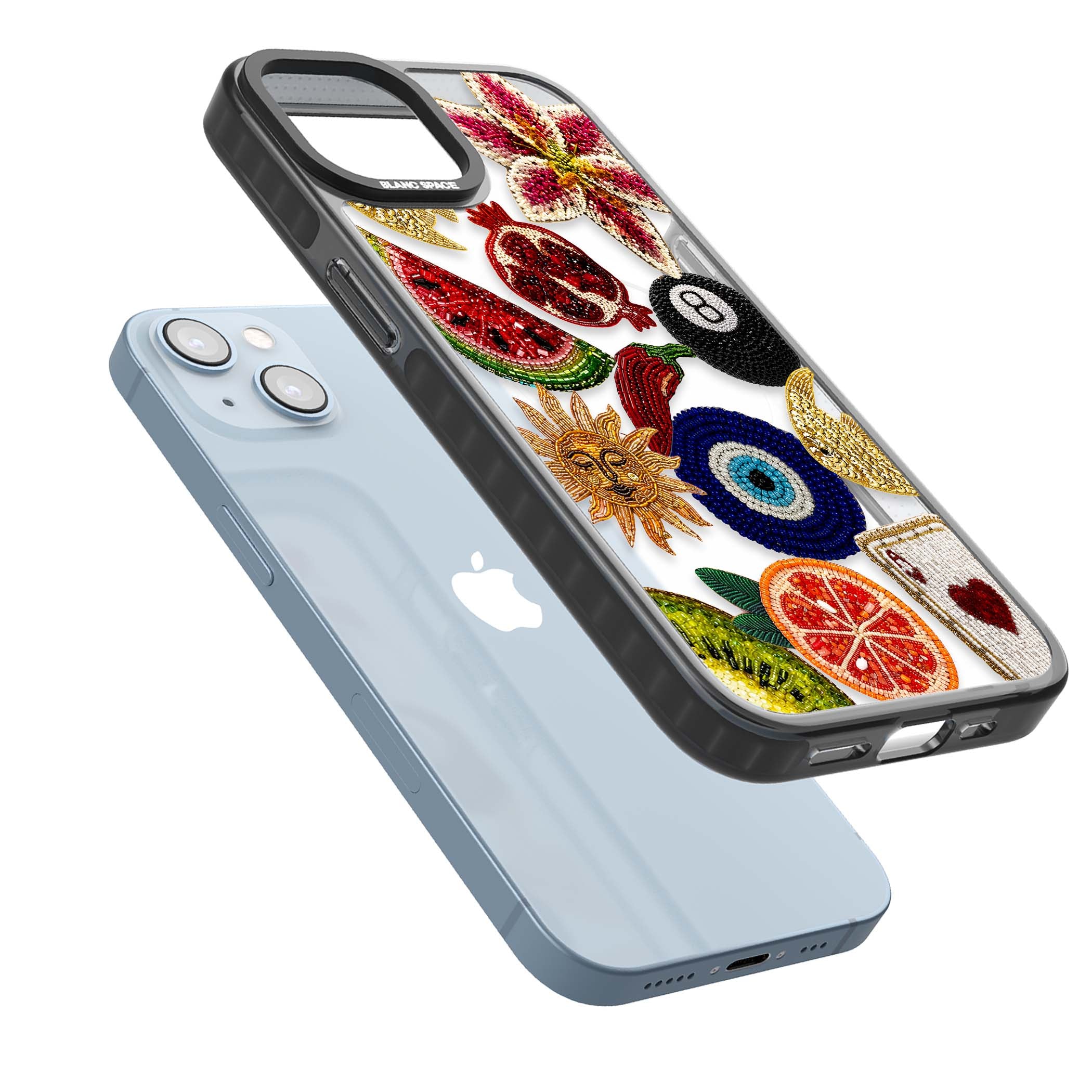 Beaded Charms embroidery iPhone case featuring beaded evil eye, fruit patches and a golden sun motif | Black Impact Magsafe case for iPhone 13, iPhone 14, iPhone 15