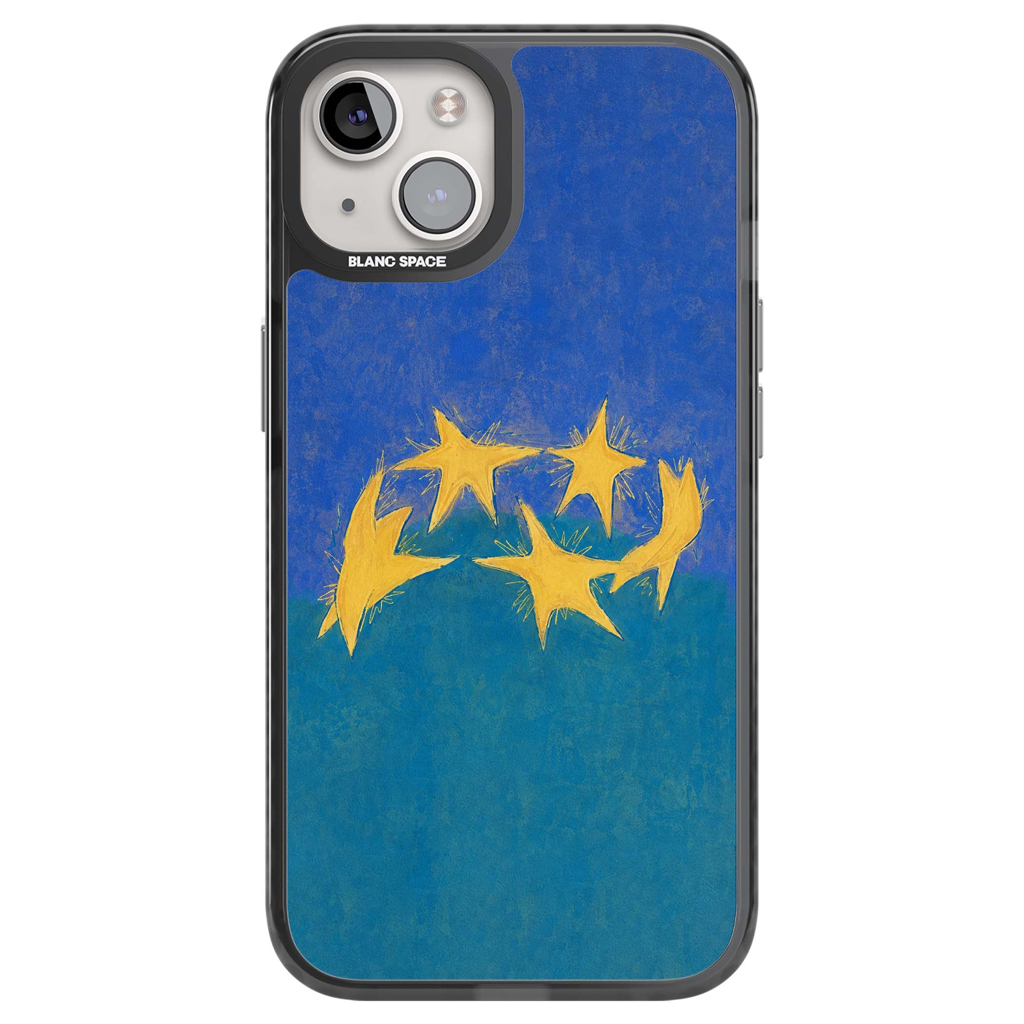 Star Boogie stars aesthetic iPhone case featuring five yellow hand-painted stars on cobalt blue and teal | Black Impact Magsafe case for iPhone 13, iPhone 14, iPhone 15