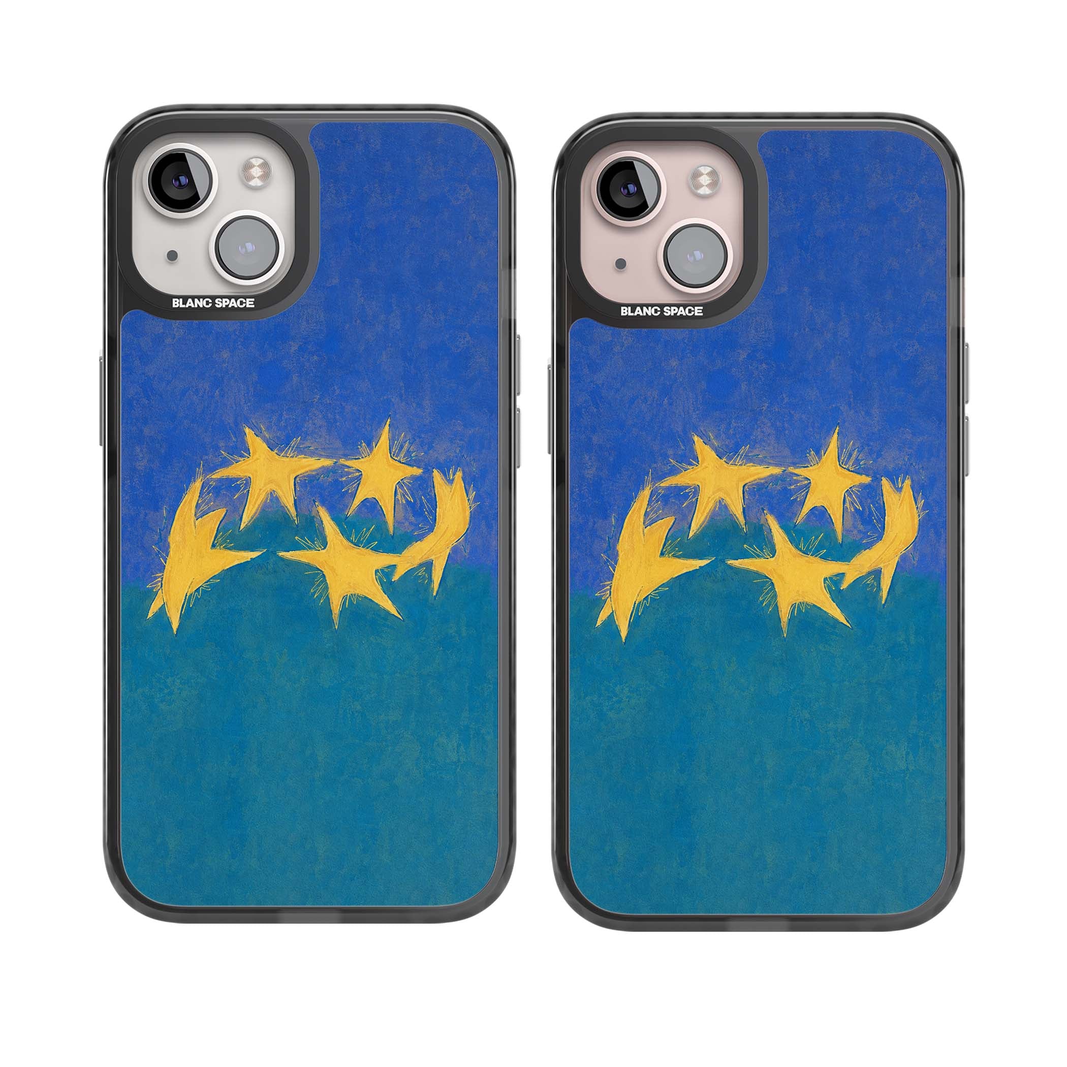 Star Boogie stars aesthetic iPhone case featuring five yellow hand-painted stars on cobalt blue and teal | Black Impact Magsafe case for iPhone 13, iPhone 14, iPhone 15