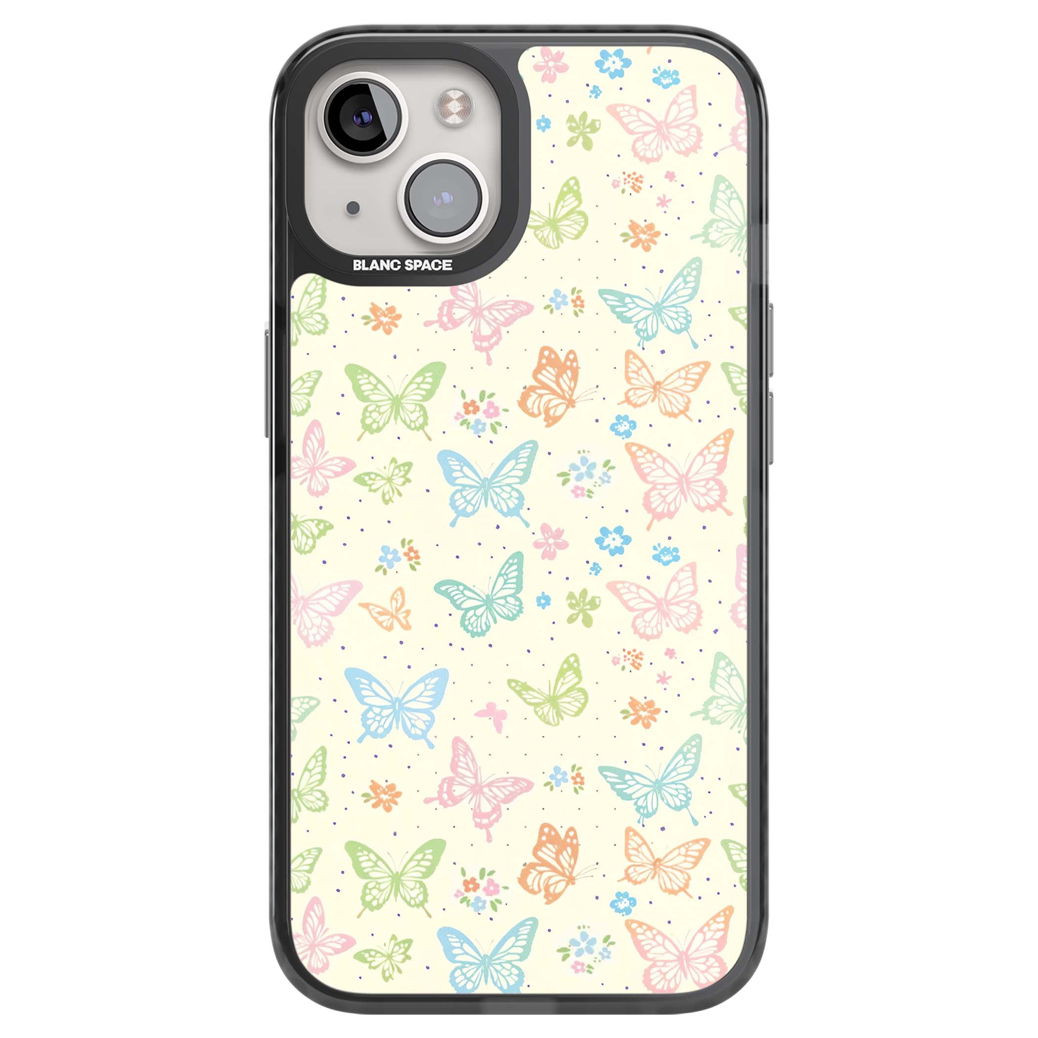 Sugar Wings cottagecore iPhone case featuring rainbow pastel butterflies, tiny wildflowers, and a cream background | Black Impact Magsafe case for iPhone 13, iPhone 14, iPhone 15