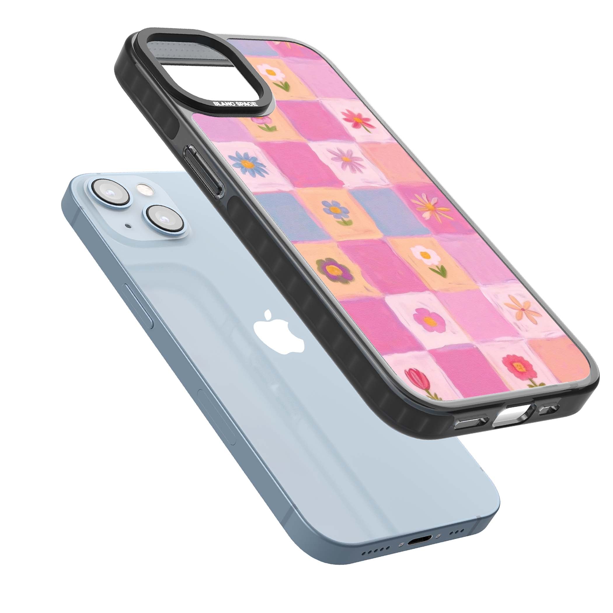 Pastel Flower Patchwork cottagecore iPhone case featuring painted pink and lilac squares with daisies and wildflowers | Black Impact Magsafe case for iPhone 13, iPhone 14, iPhone 15