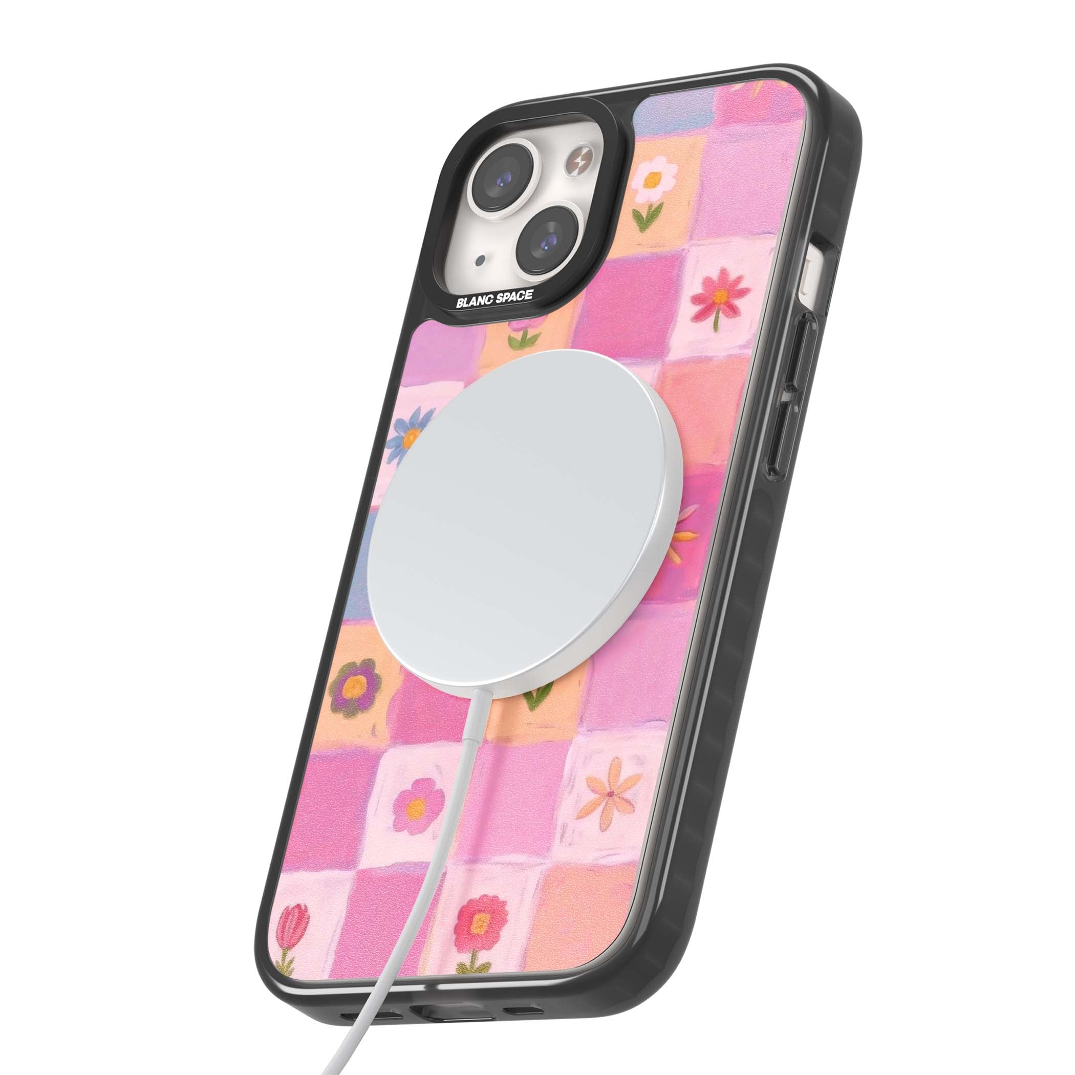 Pastel Flower Patchwork cottagecore iPhone case featuring painted pink and lilac squares with daisies and wildflowers | Black Impact Magsafe case for iPhone 13, iPhone 14, iPhone 15