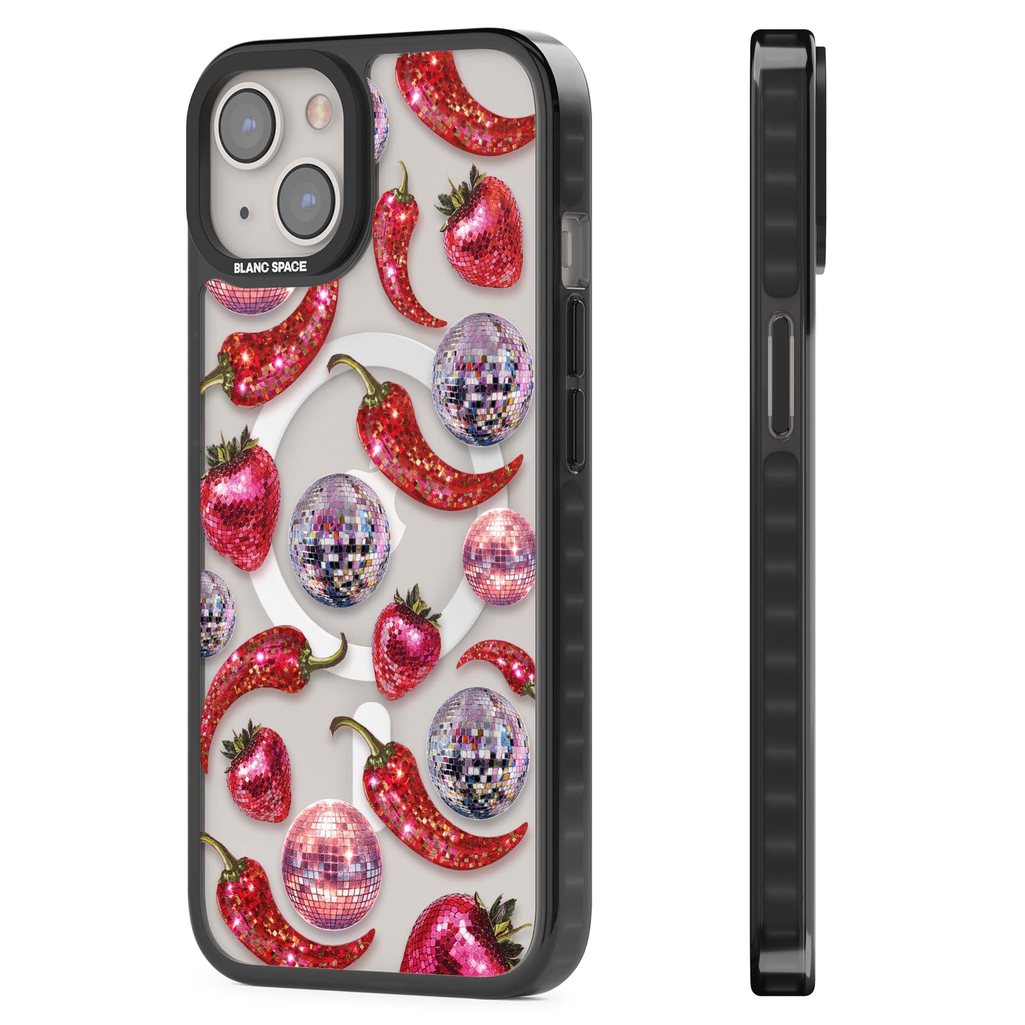 Spicy Disco Y2K iPhone case featuring glitter disco balls, sparkly strawberries and red chilli peppers | Black Impact Magsafe case for iPhone 13, iPhone 14, iPhone 15