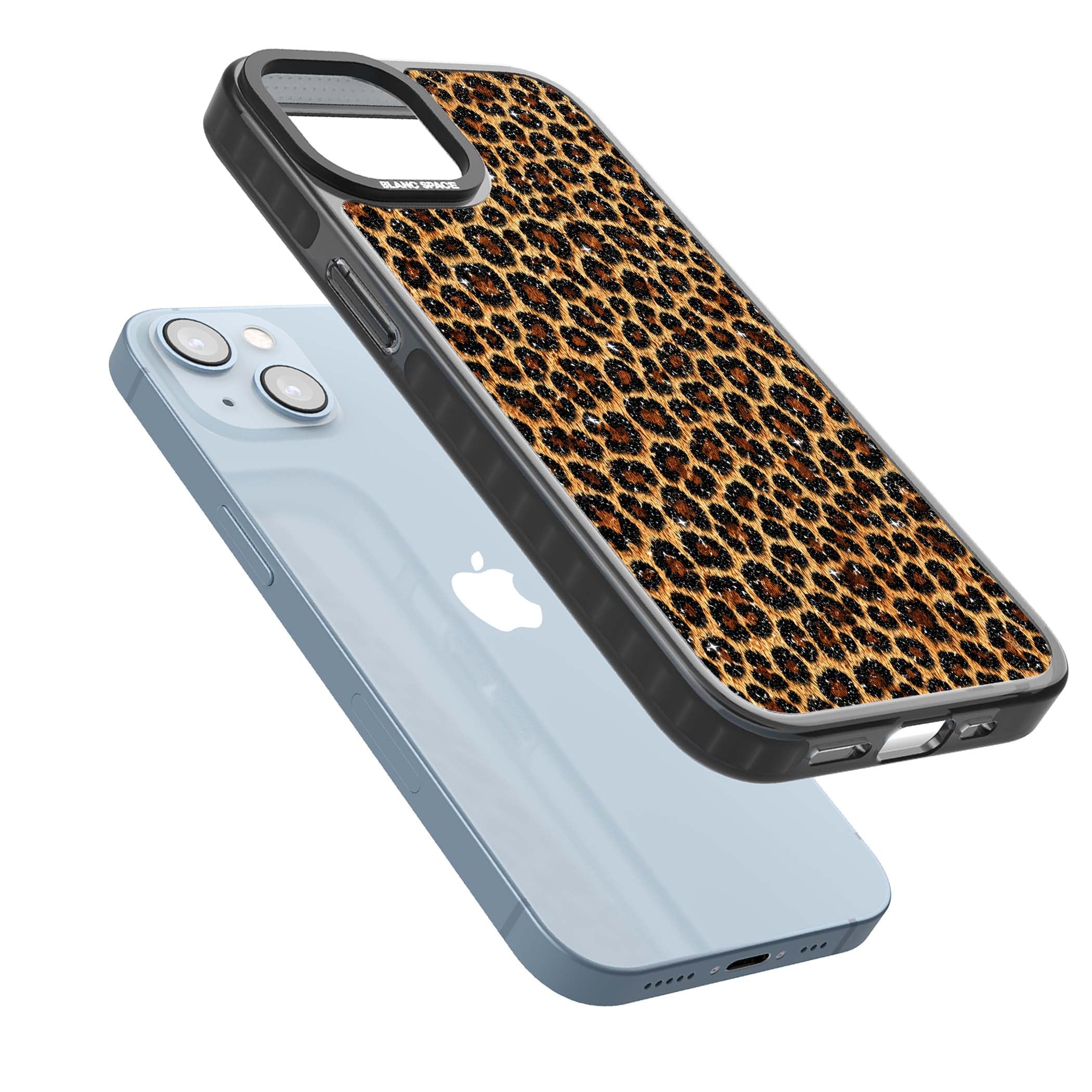 Diamond Leopard leopard print iPhone case featuring golden tan fur, black rosette spots and subtle glitter sparkle | Black Impact Magsafe case for iPhone 13, iPhone 14, iPhone 15