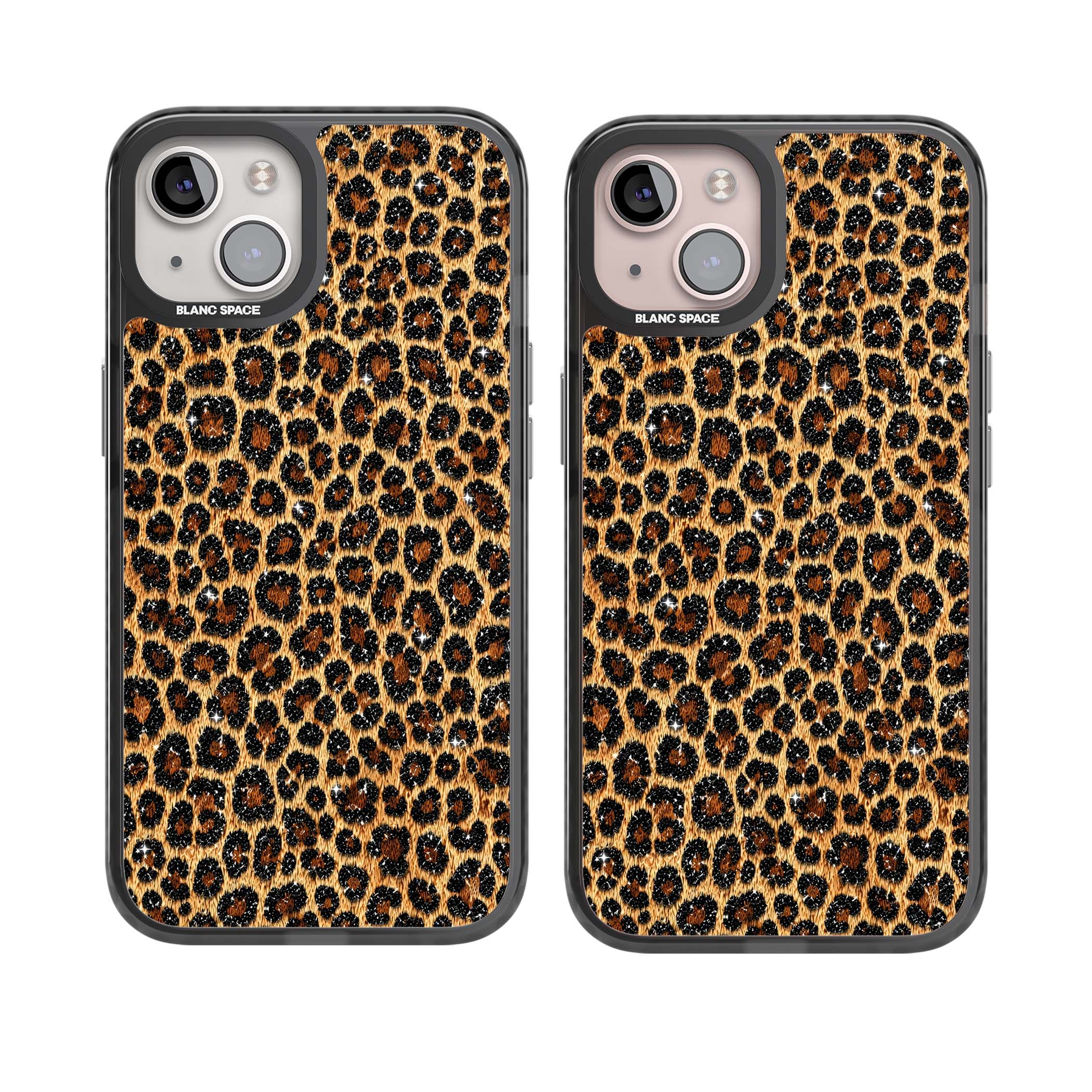 Diamond Leopard leopard print iPhone case featuring golden tan fur, black rosette spots and subtle glitter sparkle | Black Impact Magsafe case for iPhone 13, iPhone 14, iPhone 15