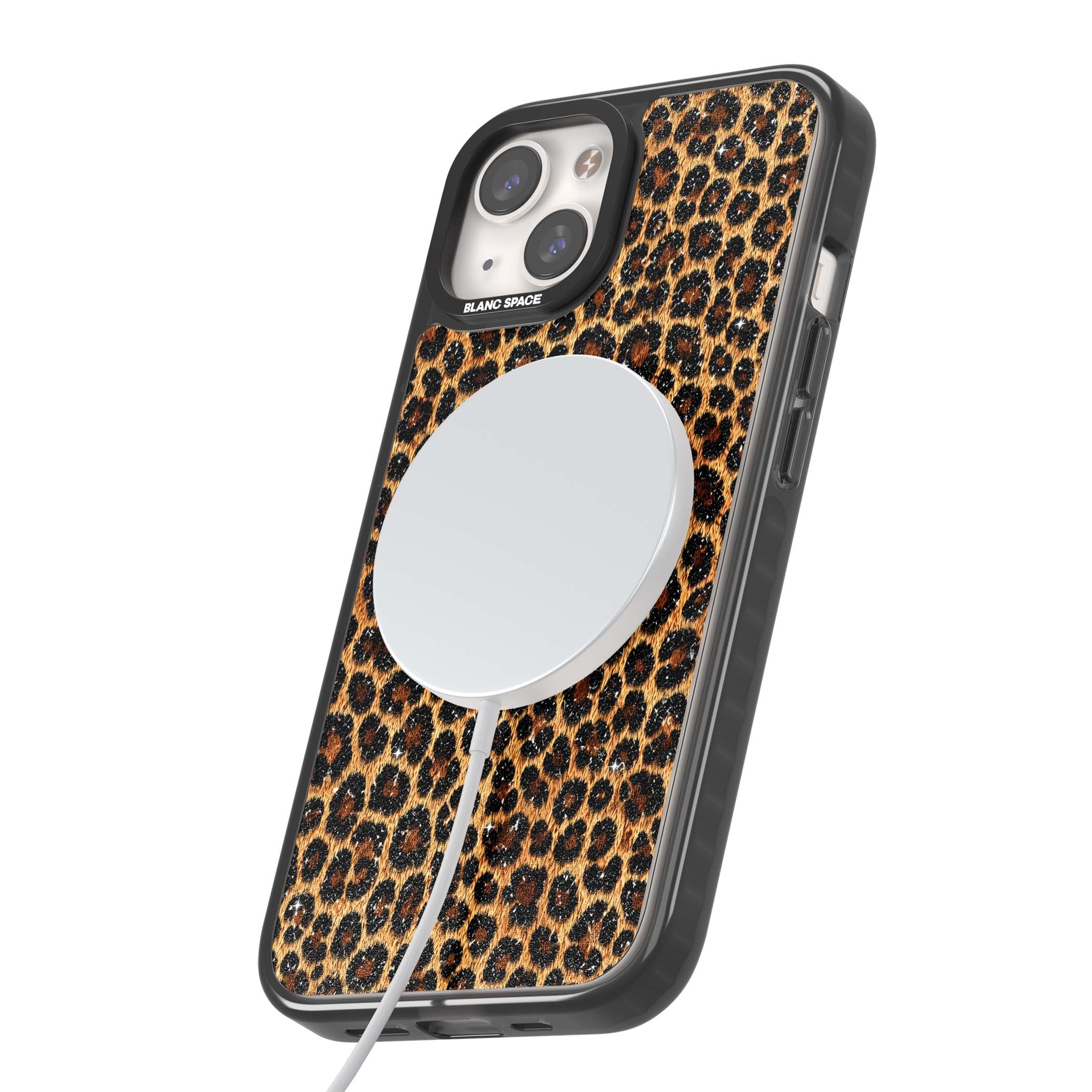 Diamond Leopard leopard print iPhone case featuring golden tan fur, black rosette spots and subtle glitter sparkle | Black Impact Magsafe case for iPhone 13, iPhone 14, iPhone 15