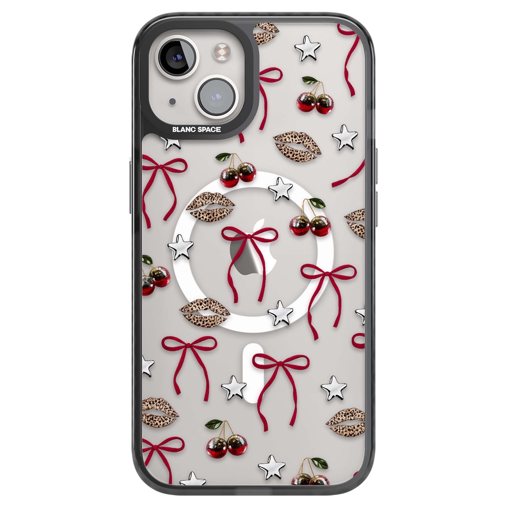 Starlet coquette iPhone case featuring red ribbon bows, disco cherries and leopard-print lips | Black Impact Magsafe case for iPhone 13, iPhone 14, iPhone 15
