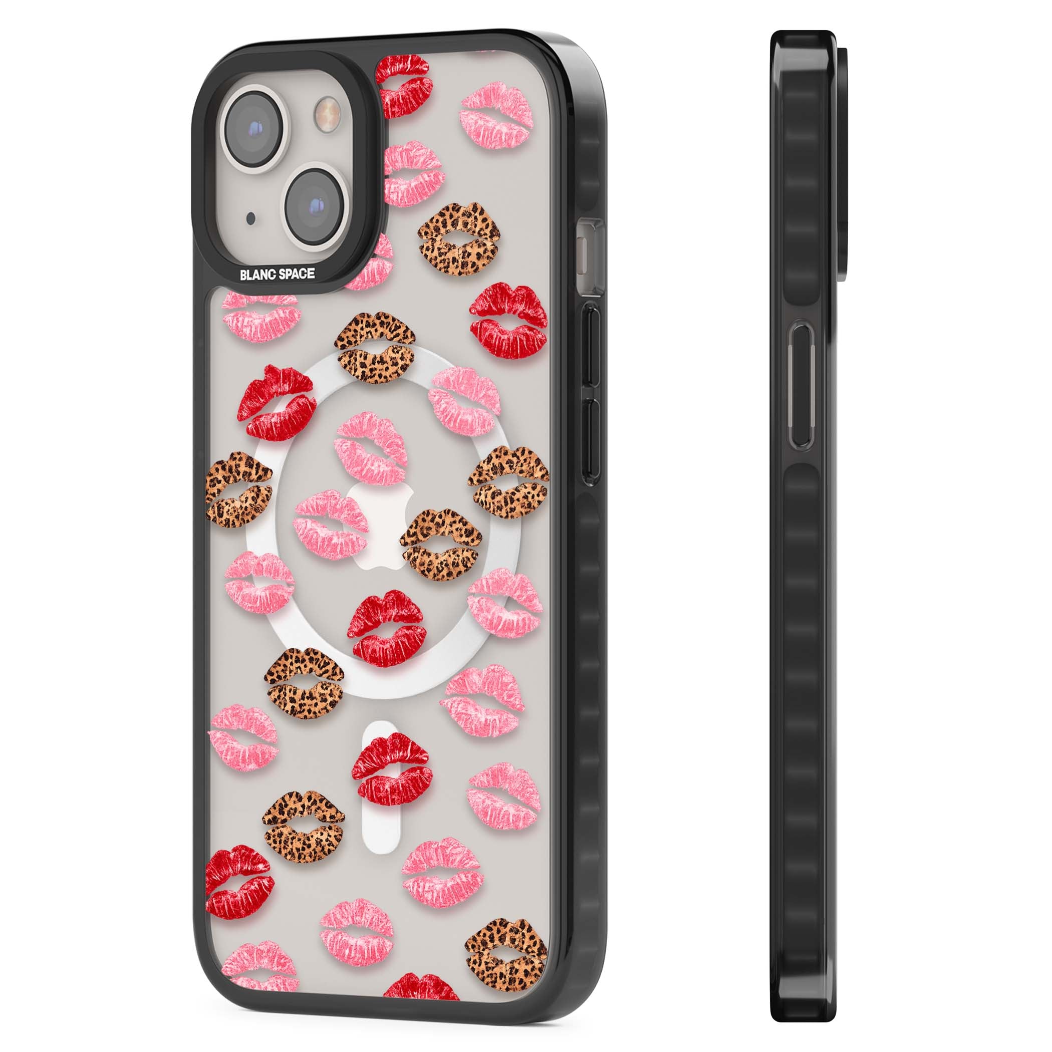 Wild Kisses coquette iPhone case featuring red, pink and leopard print lipstick kiss marks on a clear background | Black Impact Magsafe case for iPhone 13, iPhone 14, iPhone 15