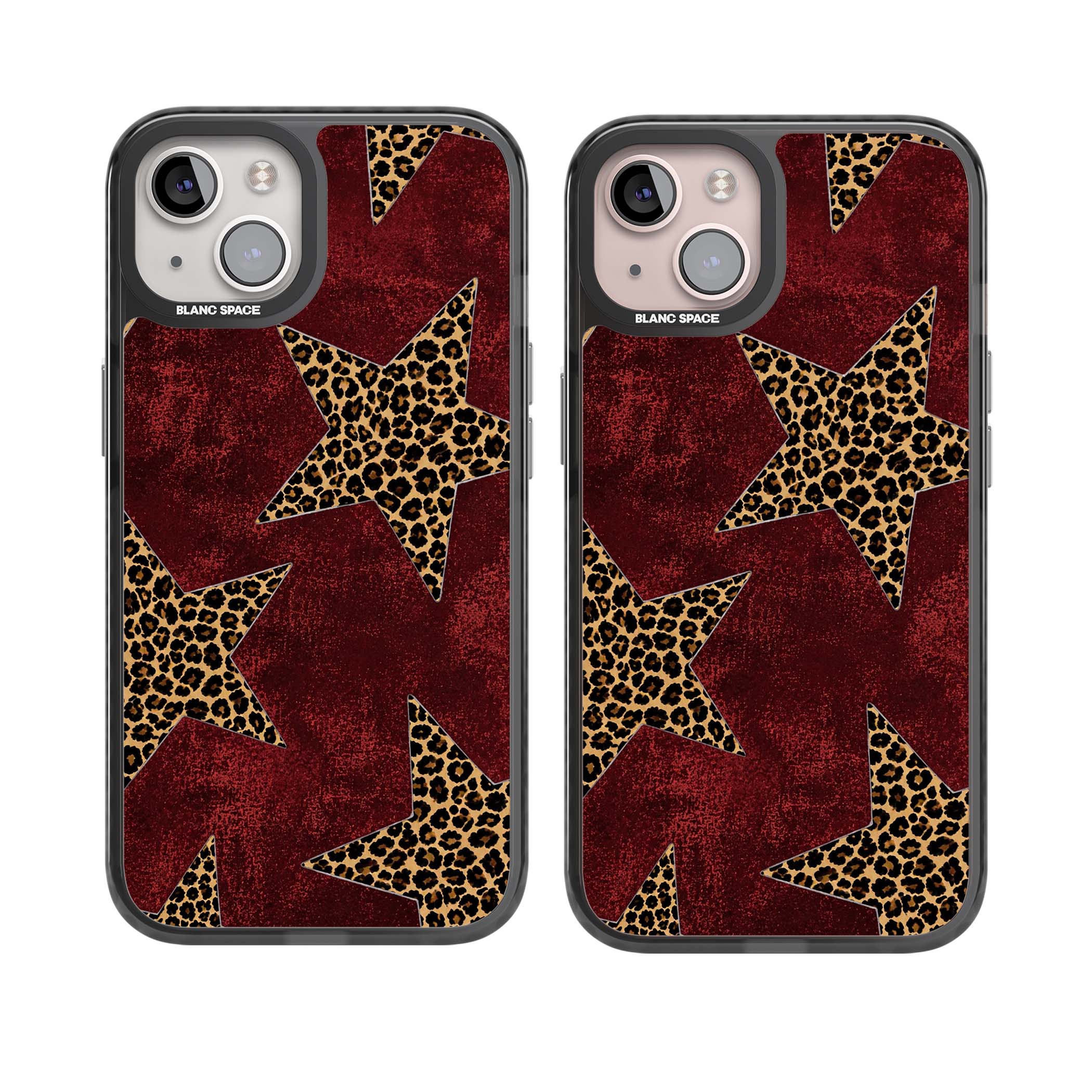 Showgirl leopard print iPhone case featuring cheetah print stars on distressed red grunge background | Black Impact Magsafe case for iPhone 13, iPhone 14, iPhone 15