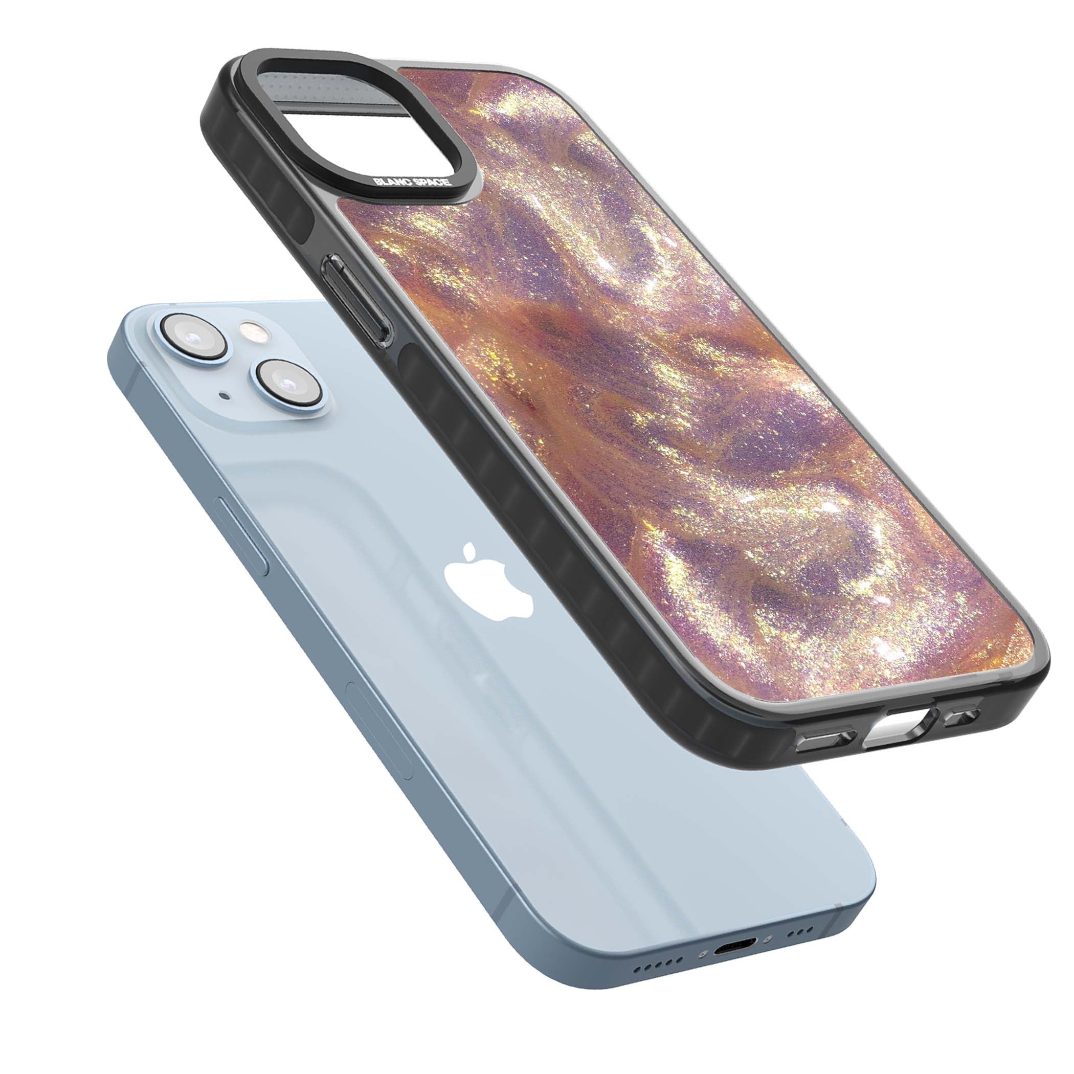 Shimmer marble iPhone case featuring rose gold glitter swirls, lilac shimmer and iridescent pearl finish | Black Impact Magsafe case for iPhone 13, iPhone 14, iPhone 15