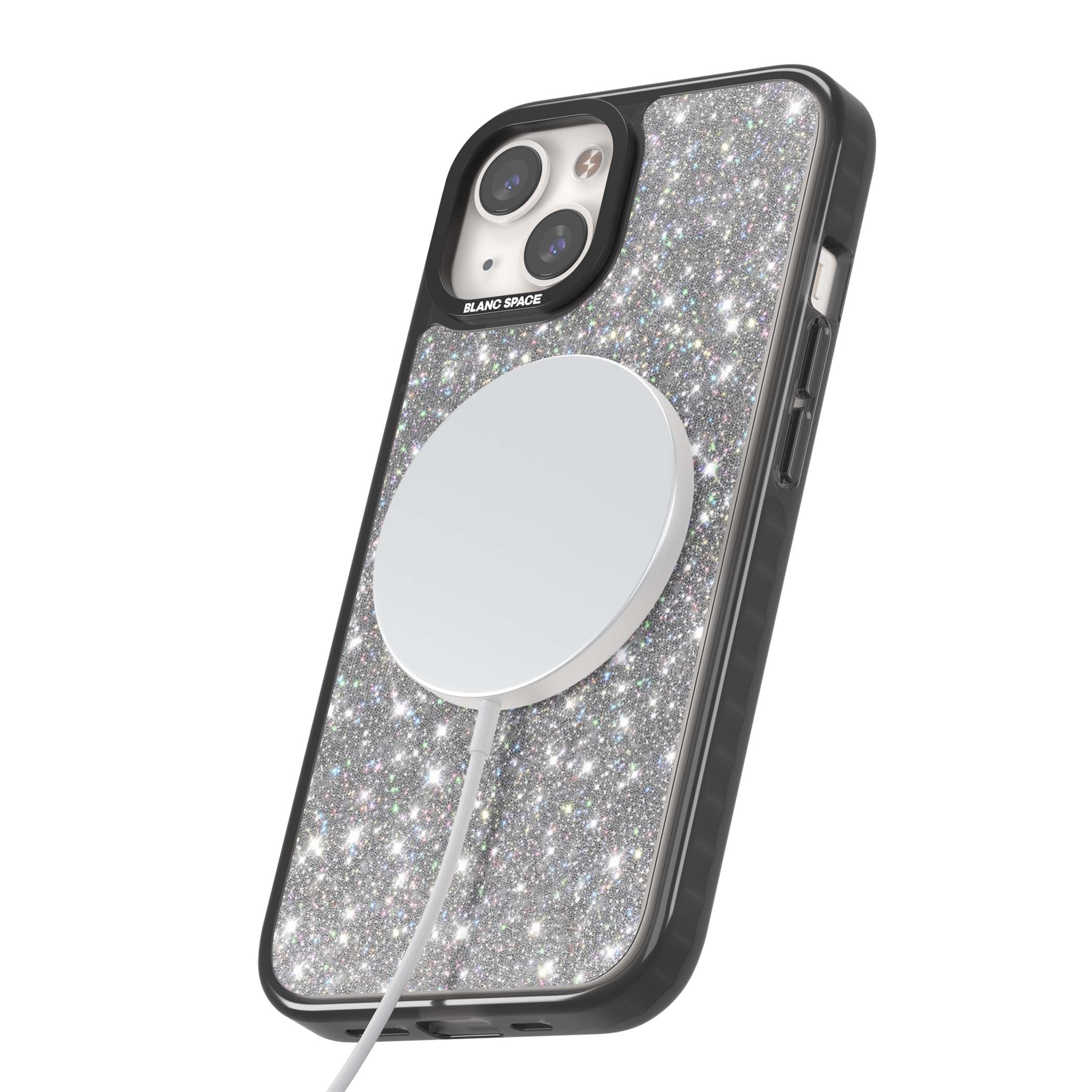 Diamond glam iPhone case featuring silver glitter sparkle and shimmering diamond dust effect | Black Impact Magsafe case for iPhone 13, iPhone 14, iPhone 15