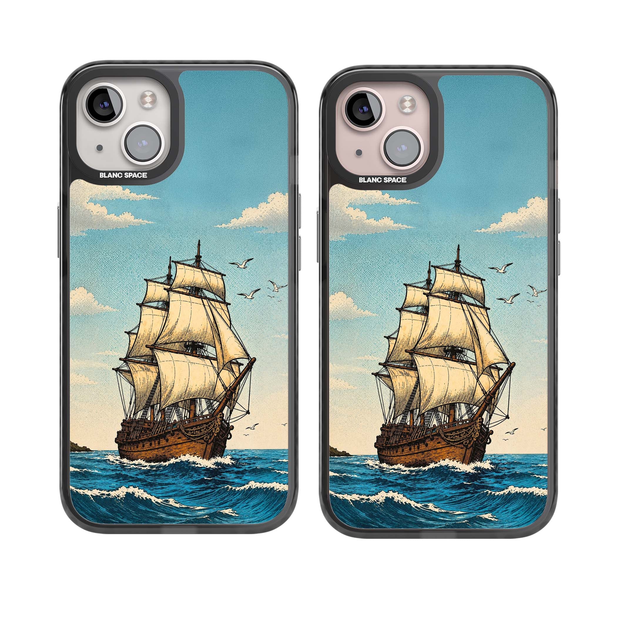 Ship at Sea nautical iPhone case featuring a vintage tall ship, ocean waves and seagulls | Black Impact Magsafe case for iPhone 13, iPhone 14, iPhone 15
