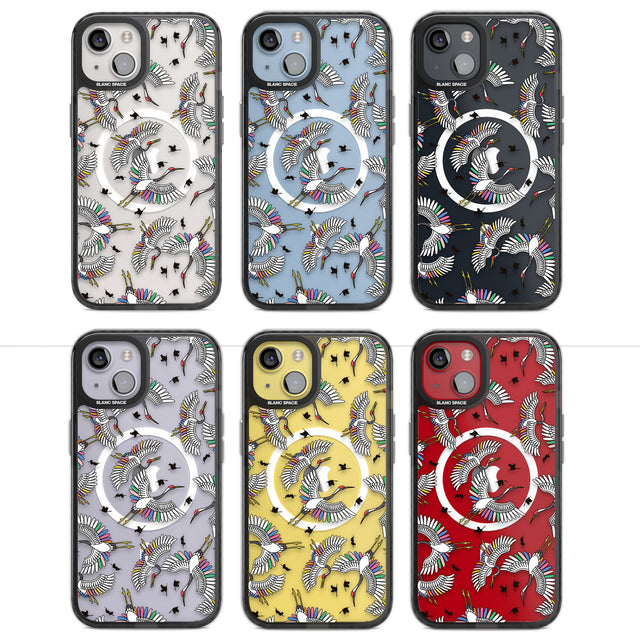 Colourful Crane Pattern Magsafe Black Impact Phone Case for iPhone 13, iPhone 14, iPhone 15