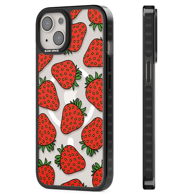 Strawberry Pattern Magsafe Black Impact Phone Case for iPhone 13, iPhone 14, iPhone 15