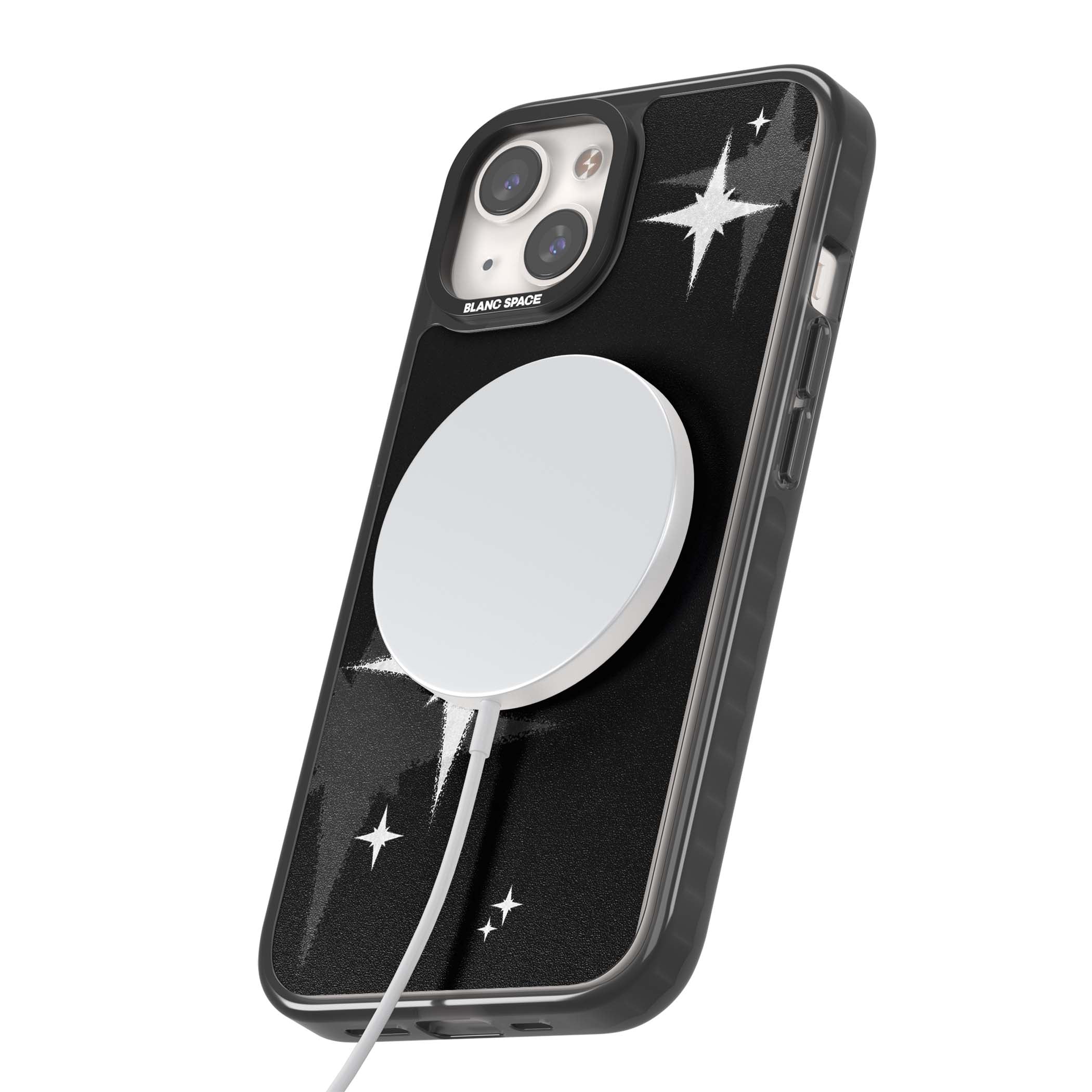 Black Sparkle celestial iPhone case featuring white sparkle stars on a black night sky background | Black Impact Magsafe case for iPhone 13, iPhone 14, iPhone 15
