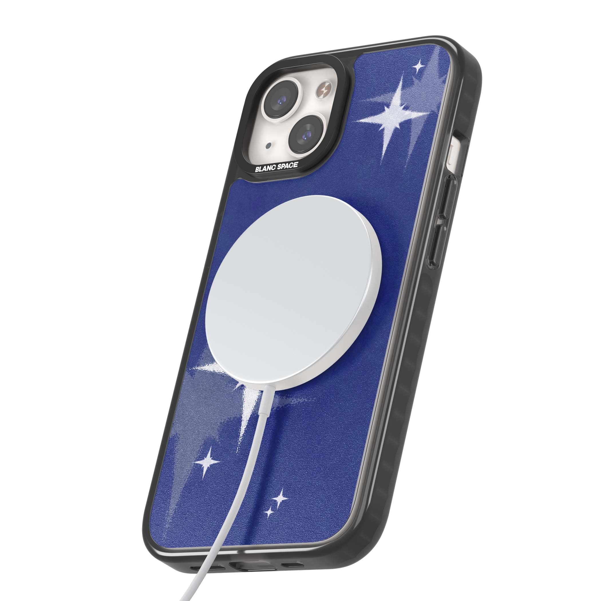 Blue Sparkle celestial iPhone case featuring sparkling silver stars on a deep blue painterly night sky | Black Impact Magsafe case for iPhone 13, iPhone 14, iPhone 15