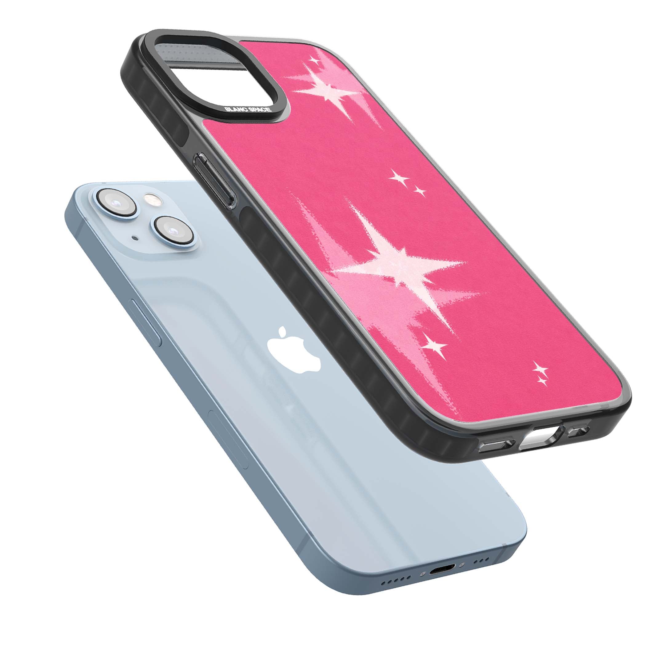 Pink Sparkle Y2K iPhone case featuring hot pink background with shimmering white starburst pattern | Black Impact Magsafe case for iPhone 13, iPhone 14, iPhone 15