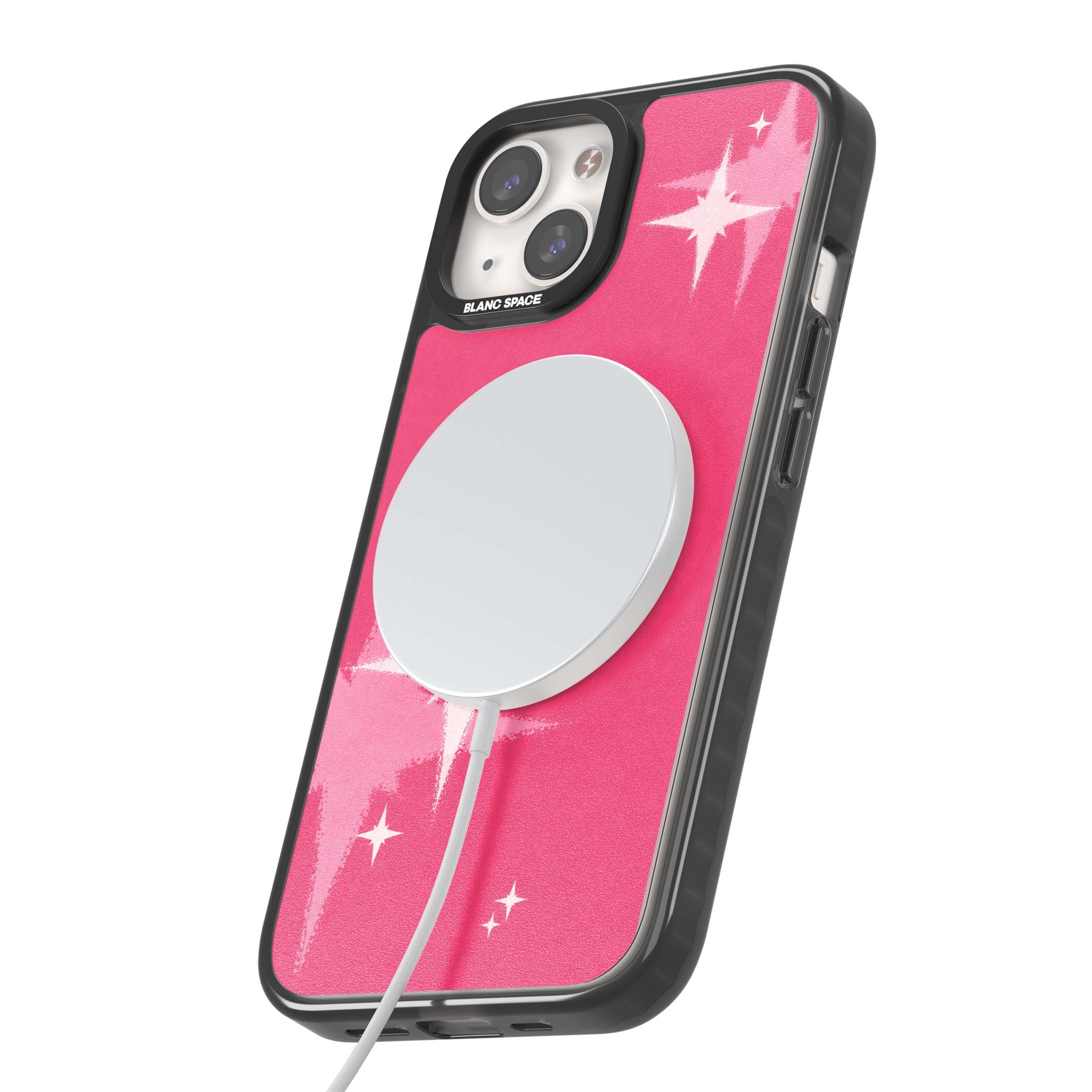 Pink Sparkle Y2K iPhone case featuring hot pink background with shimmering white starburst pattern | Black Impact Magsafe case for iPhone 13, iPhone 14, iPhone 15