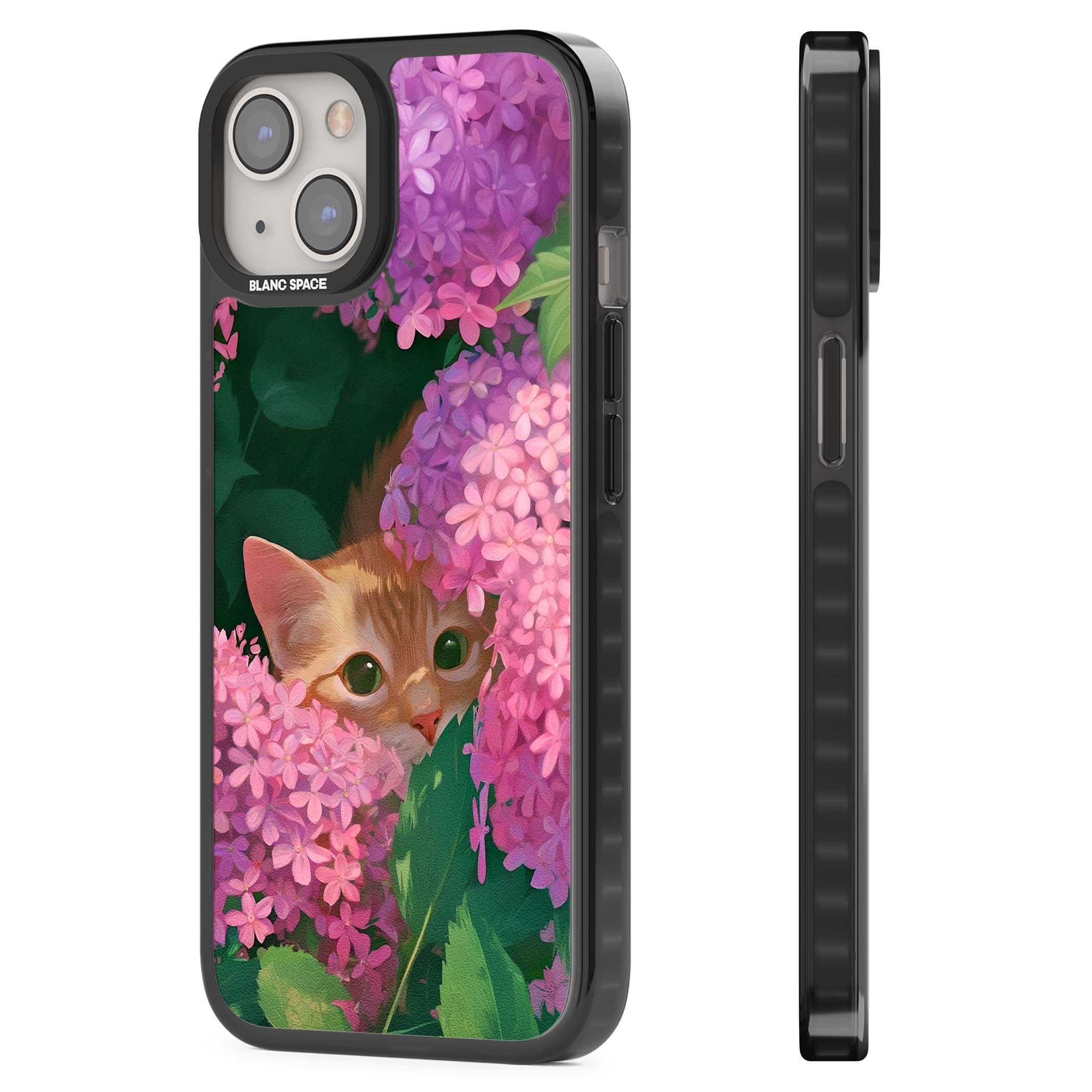 Cat In Pink Flowers cottagecore iPhone case featuring a ginger kitten peeking through lilac and pink hydrangea flo | Black Impact Magsafe case for iPhone 13, iPhone 14, iPhone 15