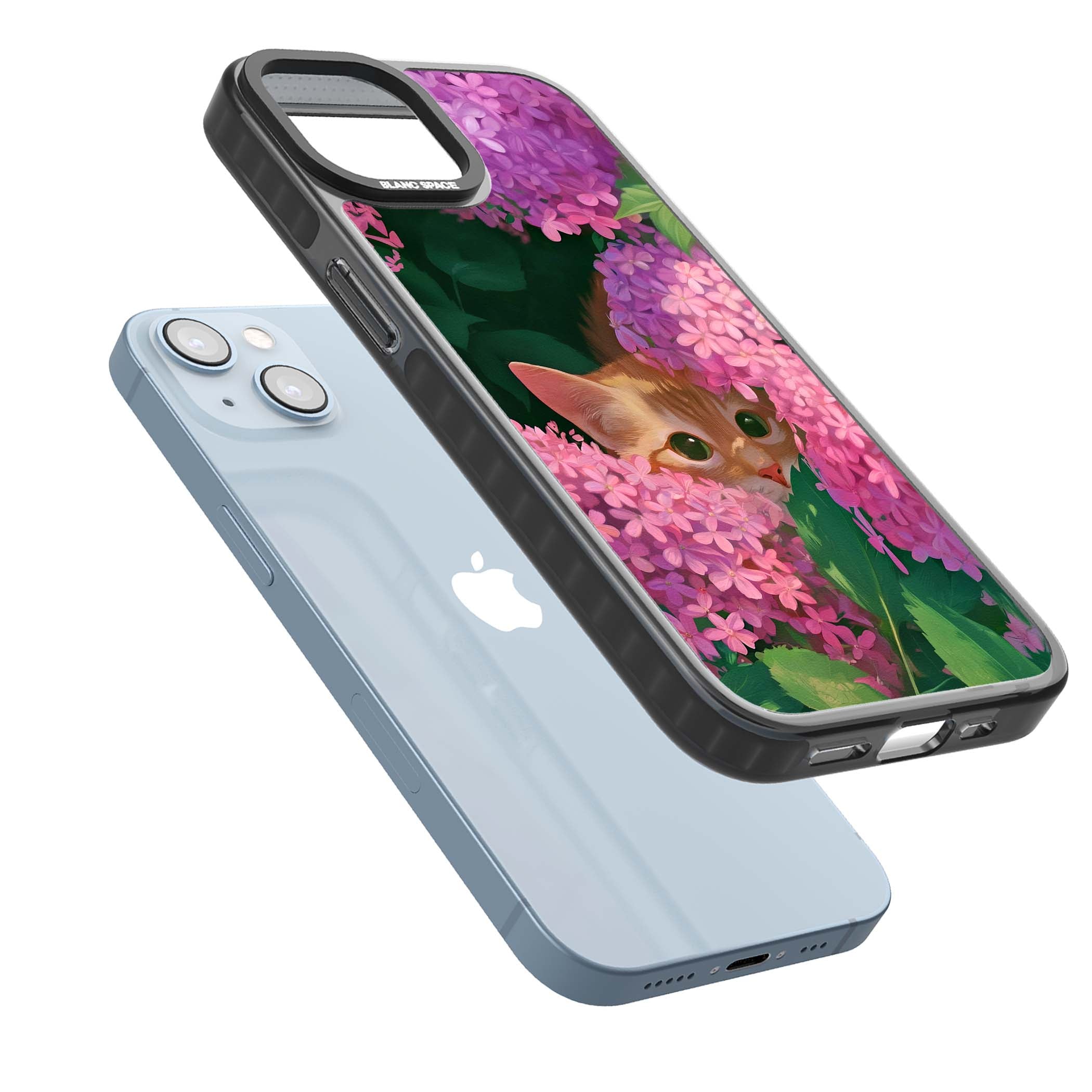 Cat In Pink Flowers cottagecore iPhone case featuring a ginger kitten peeking through lilac and pink hydrangea flo | Black Impact Magsafe case for iPhone 13, iPhone 14, iPhone 15