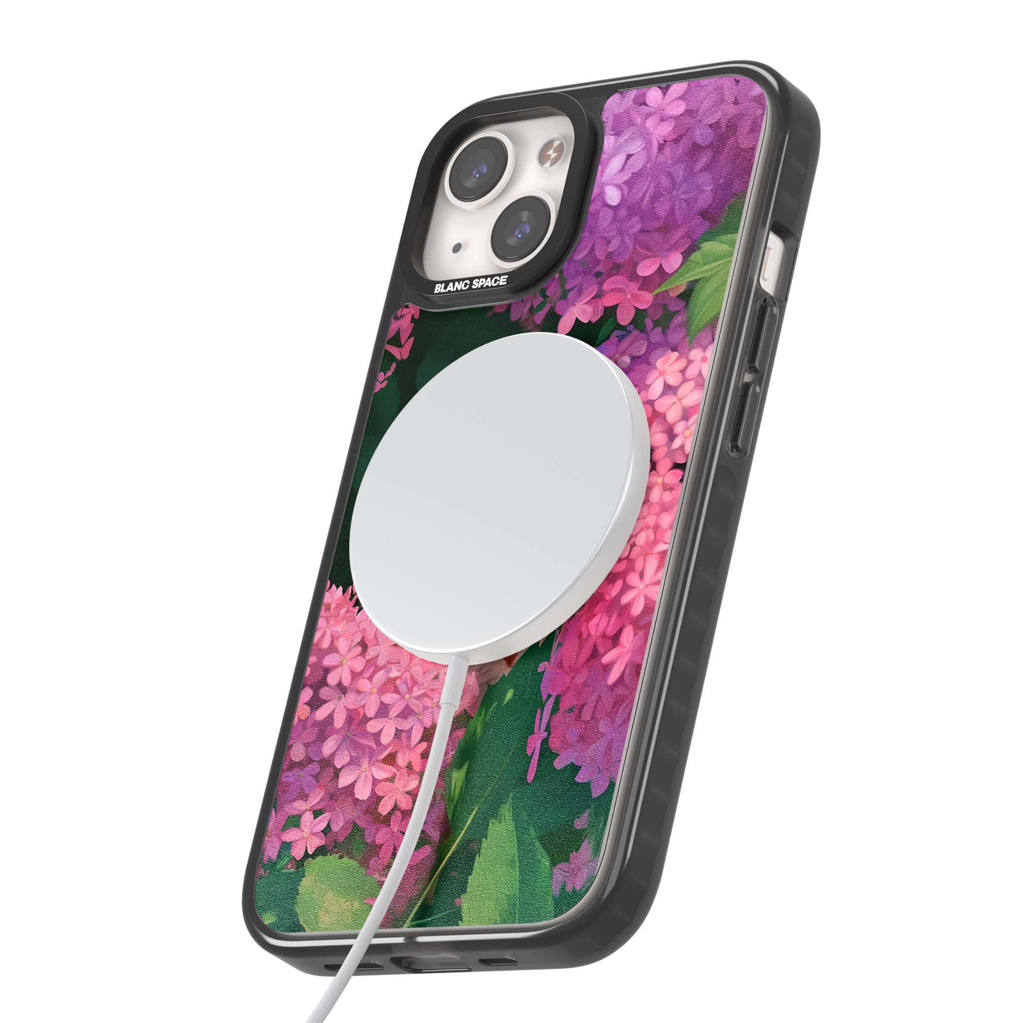 Cat In Pink Flowers cottagecore iPhone case featuring a ginger kitten peeking through lilac and pink hydrangea flo | Black Impact Magsafe case for iPhone 13, iPhone 14, iPhone 15