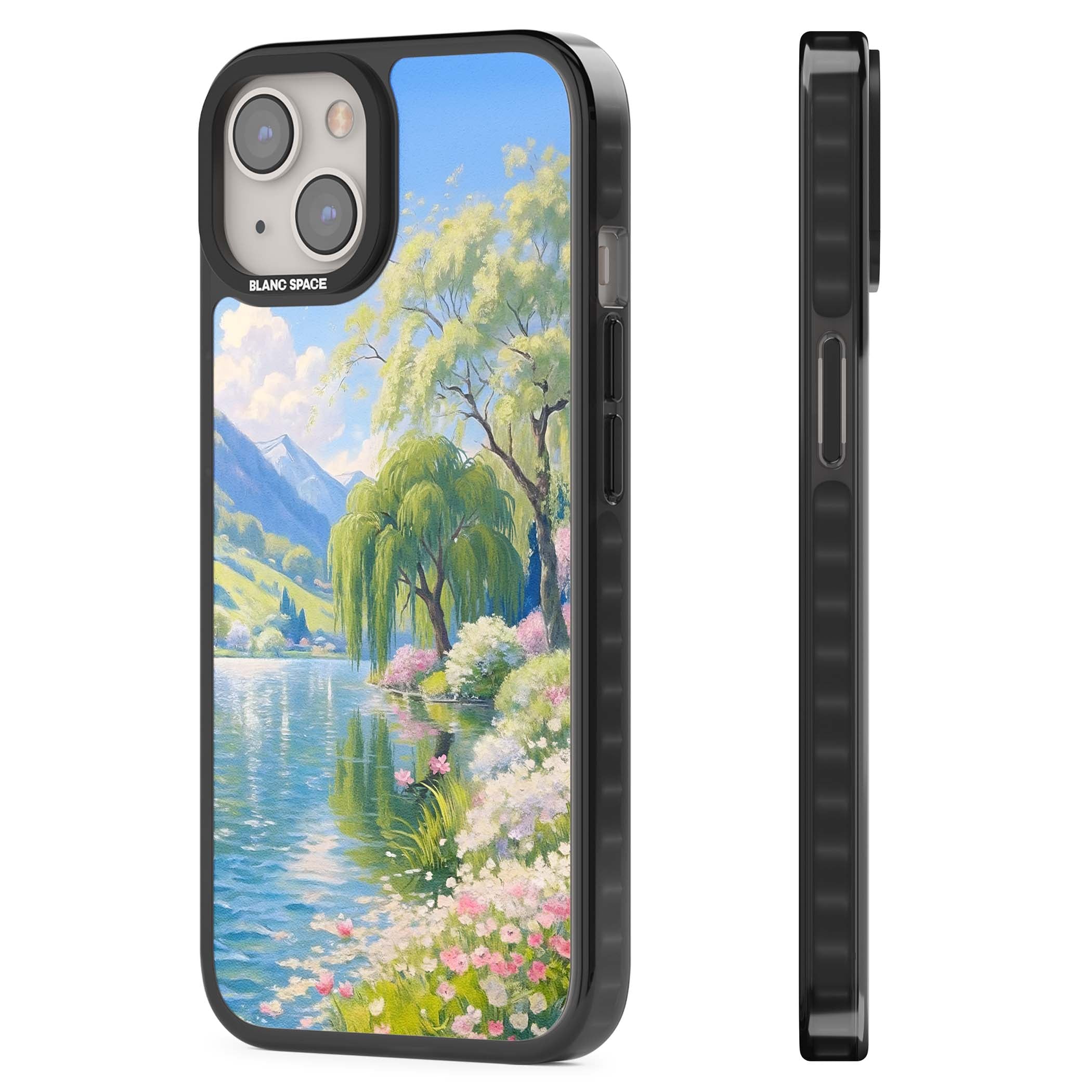 Willow Lake cottagecore iPhone case featuring a painted lakeside with weeping willow, blossoms and distant mountains | Black Impact Magsafe case for iPhone 13, iPhone 14, iPhone 15