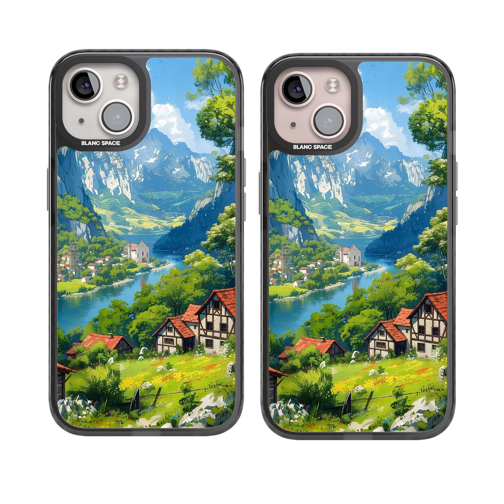 Village In The Valley anime iPhone case featuring a painted mountain village, river valley and half-timbered cottages. | Black Impact Magsafe case for iPhone 13, iPhone 14, iPhone 15
