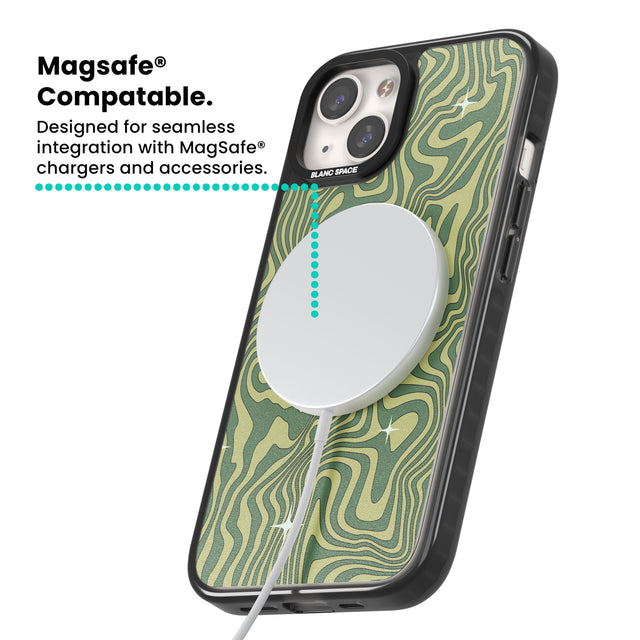 Green Abstract Wave Magsafe Black Impact Phone Case for iPhone 13, iPhone 14, iPhone 15