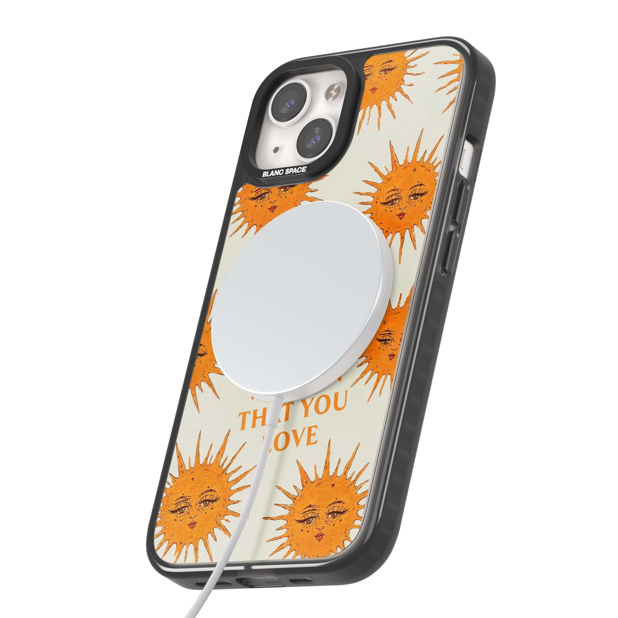 Don't Hate Yourself celestial iPhone case featuring vintage sun faces, ochre rays and a self-love quote | Black Impact Magsafe case for iPhone 13, iPhone 14, iPhone 15
