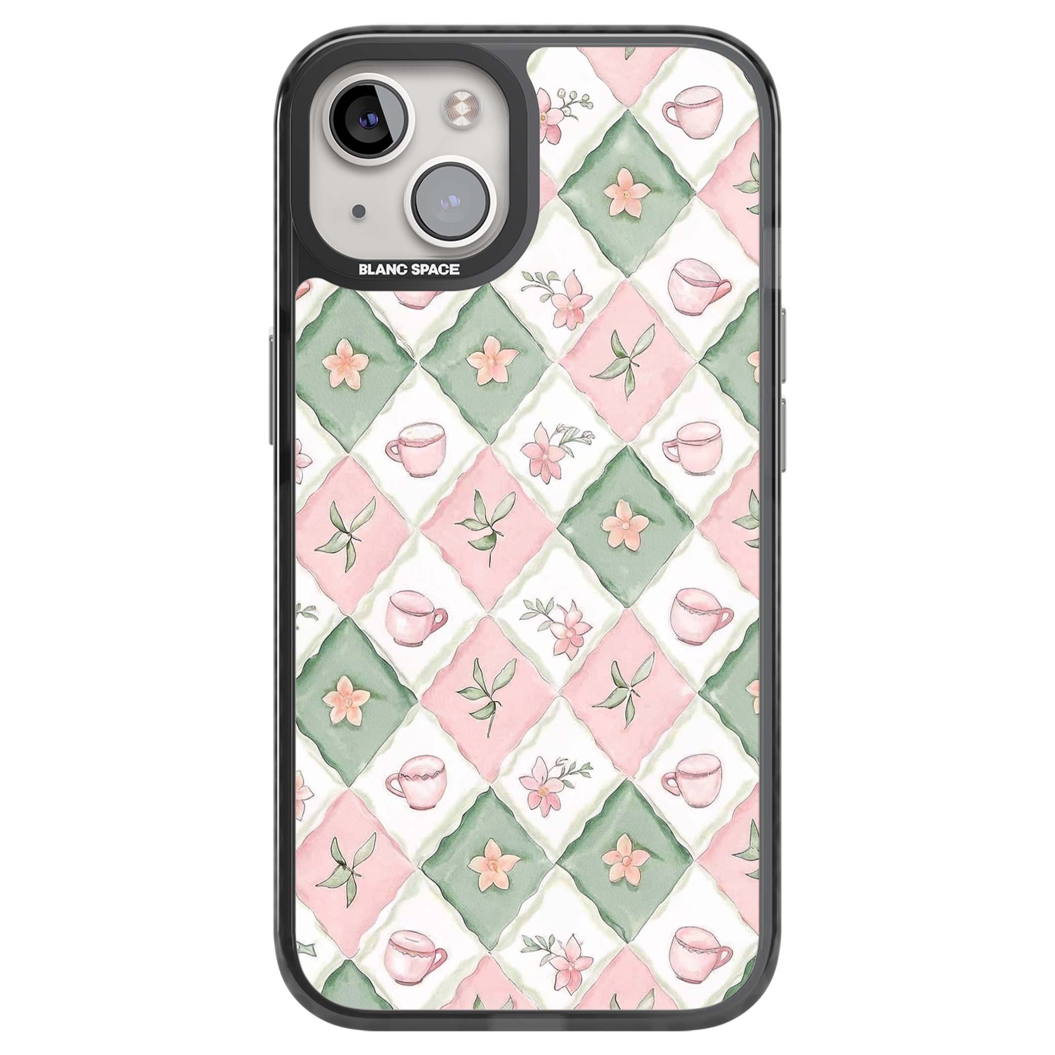 Garden Tea Party coquette iPhone case with pink and green checkered pattern, watercolour teacups and wildflowers | Black Impact Magsafe case for iPhone 13, iPhone 14, iPhone 15