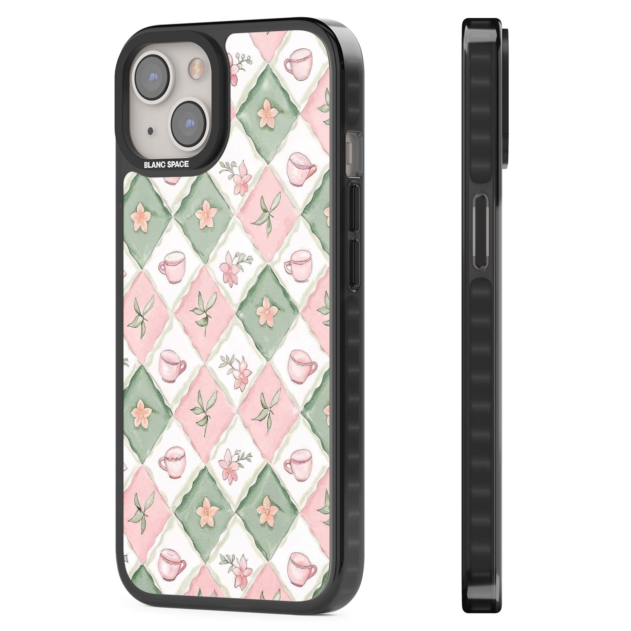 Garden Tea Party coquette iPhone case with pink and green checkered pattern, watercolour teacups and wildflowers | Black Impact Magsafe case for iPhone 13, iPhone 14, iPhone 15