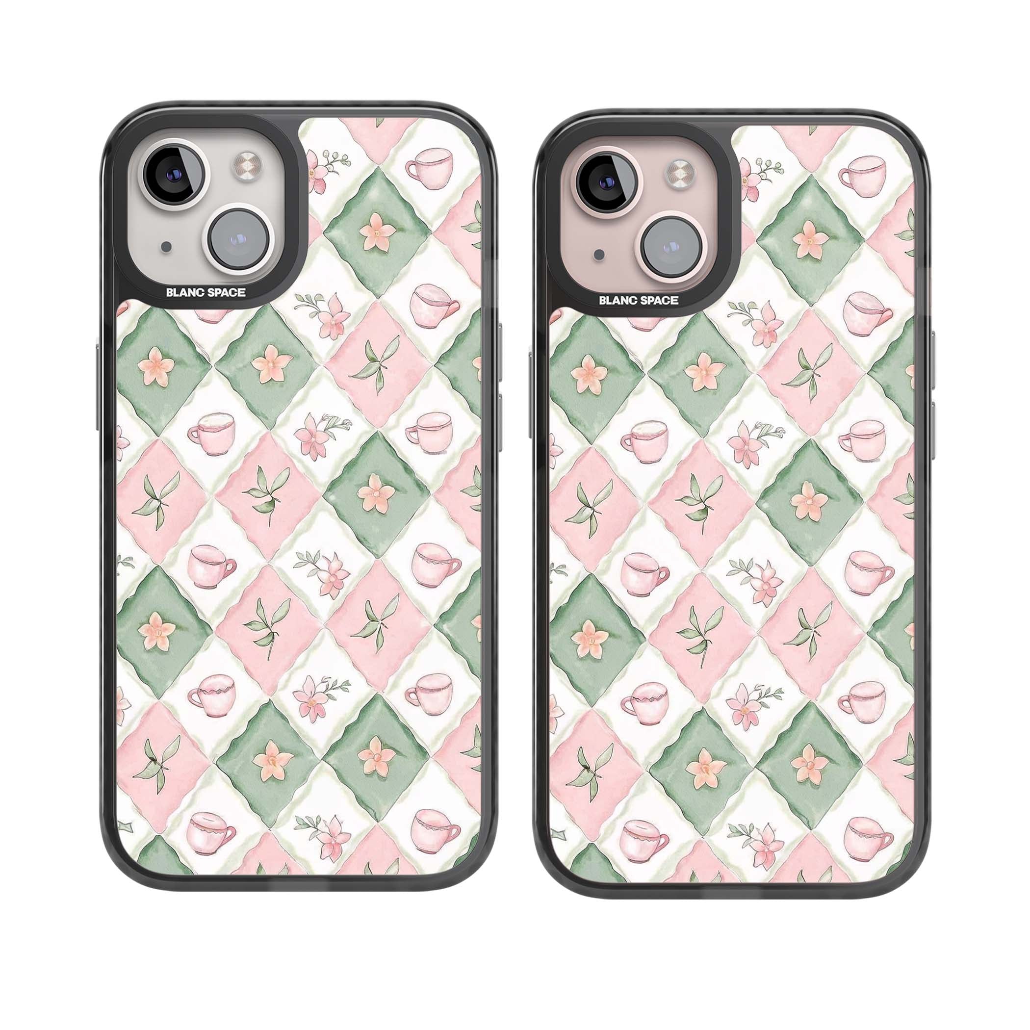 Garden Tea Party coquette iPhone case with pink and green checkered pattern, watercolour teacups and wildflowers | Black Impact Magsafe case for iPhone 13, iPhone 14, iPhone 15
