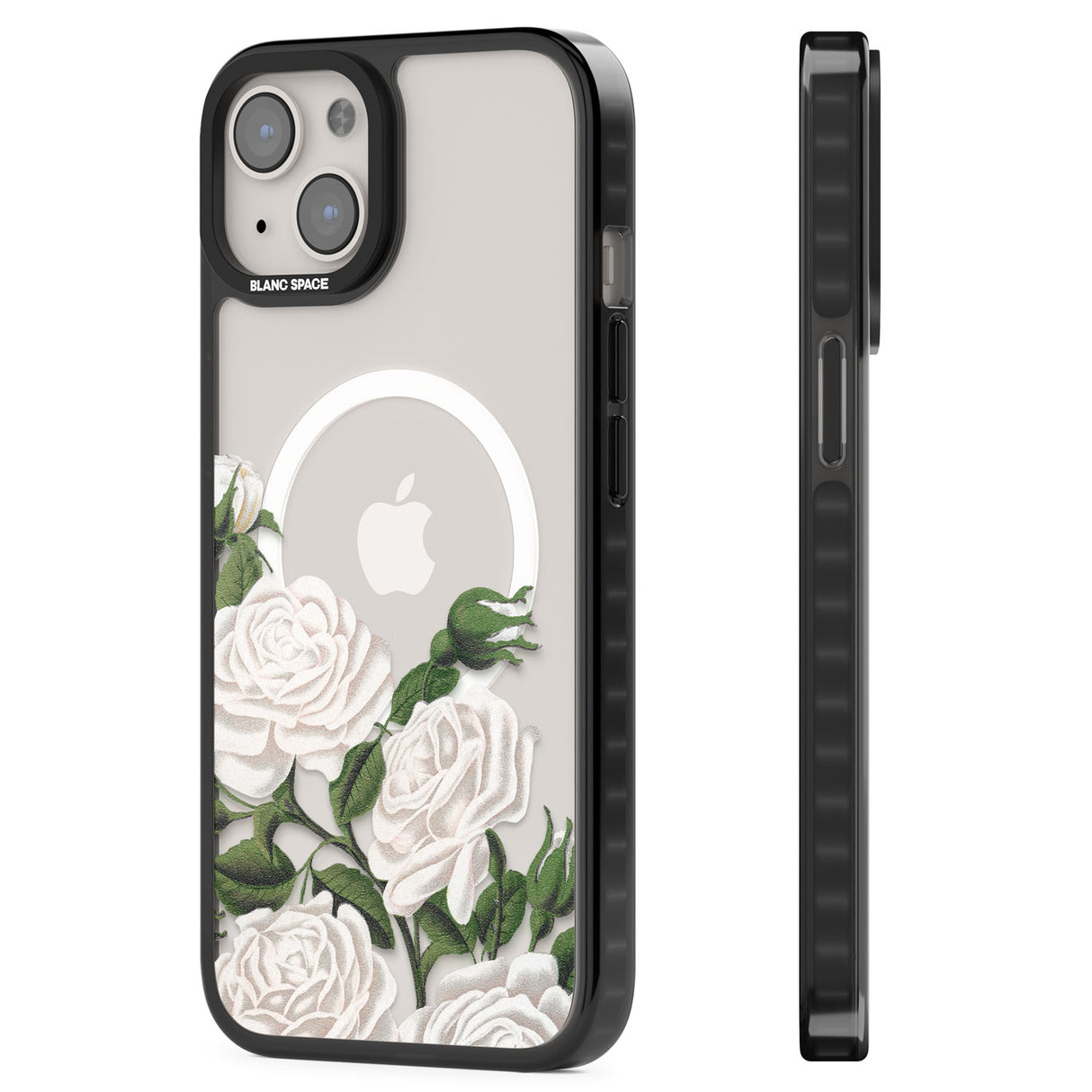 White Vintage Painted Flowers Magsafe Black Impact Phone Case for iPhone 13, iPhone 14, iPhone 15