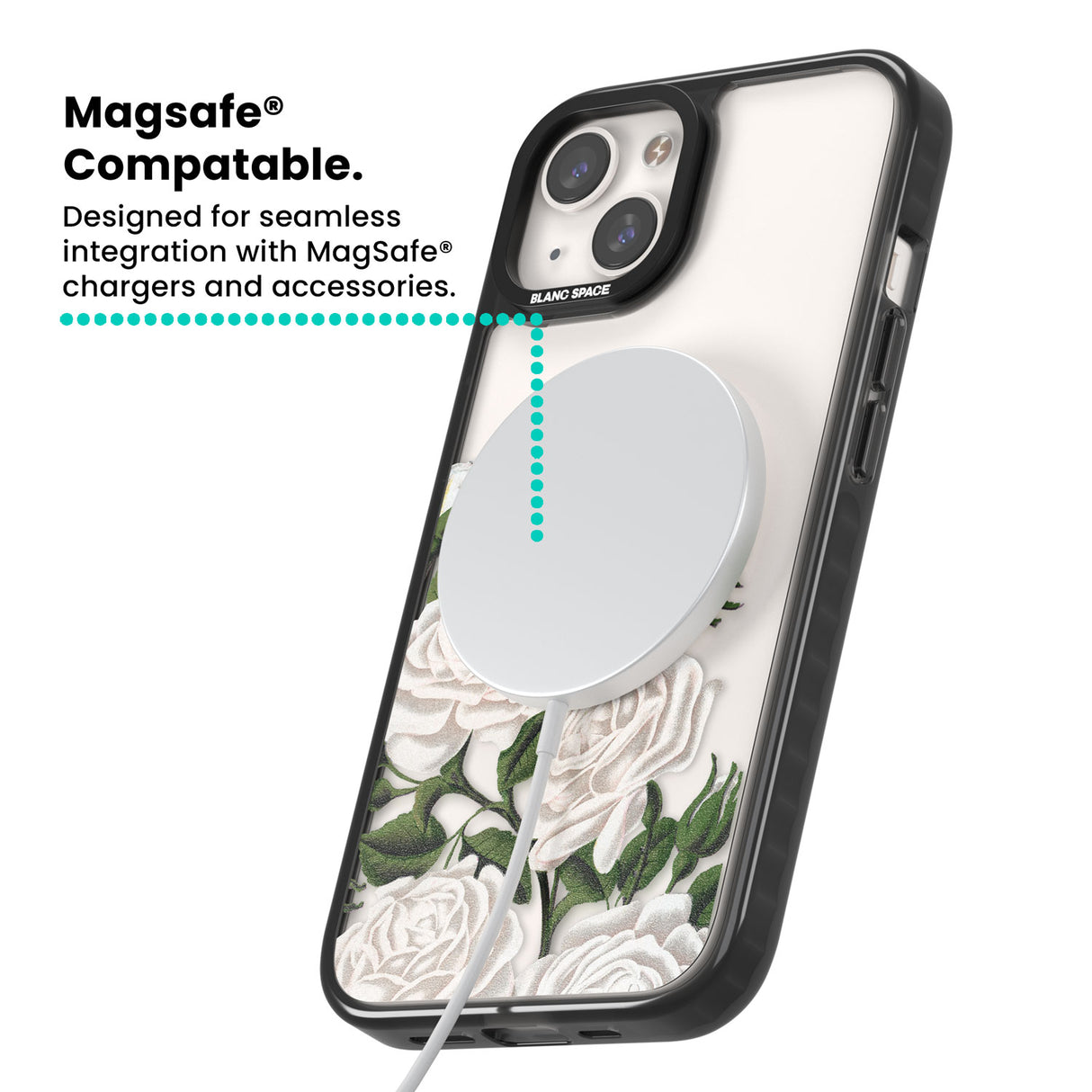 White Vintage Painted Flowers Magsafe Black Impact Phone Case for iPhone 13, iPhone 14, iPhone 15