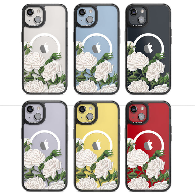 White Vintage Painted Flowers Magsafe Black Impact Phone Case for iPhone 13, iPhone 14, iPhone 15