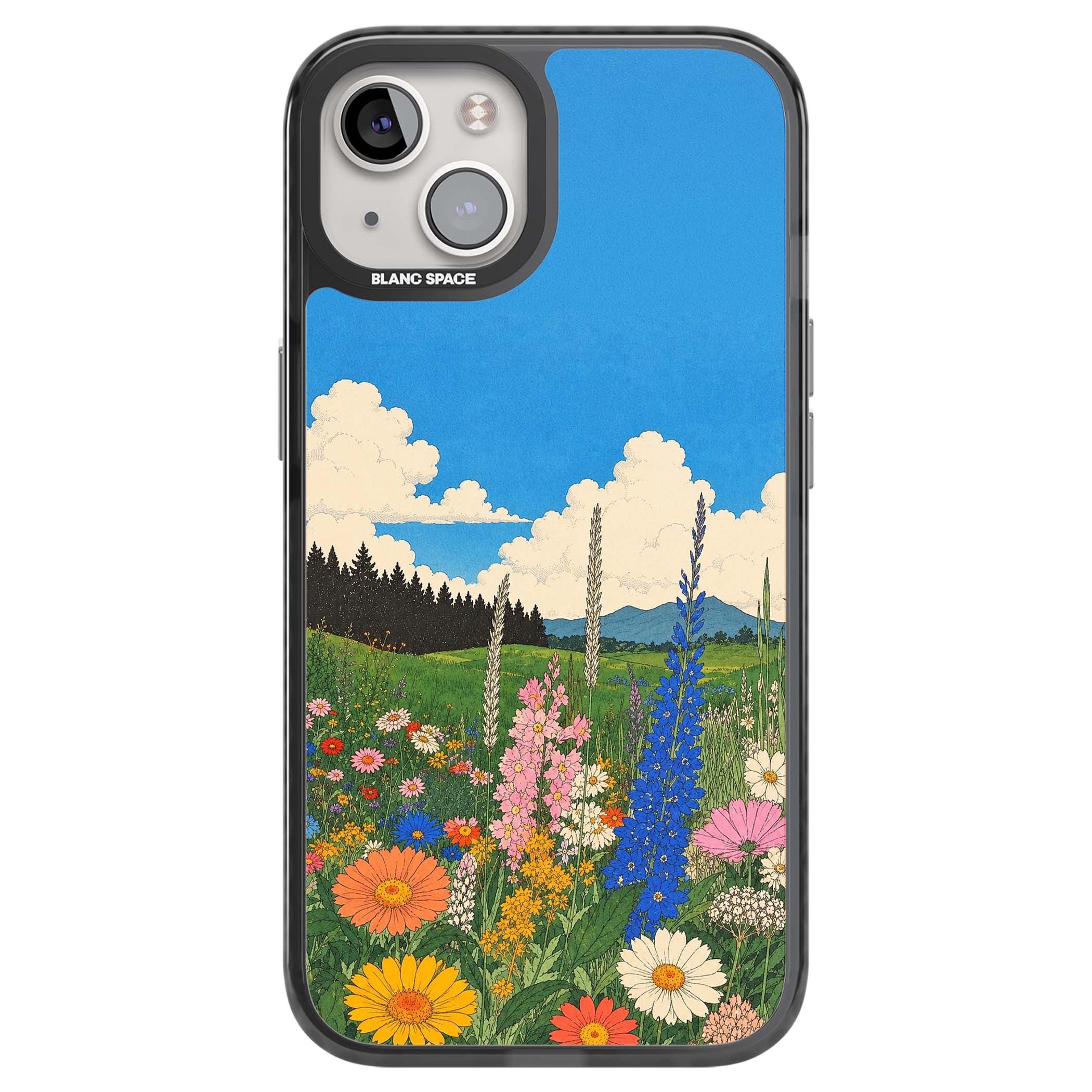Wildbloom wildflower iPhone case featuring a vintage Japanese-style meadow landscape with daisies, delphiniums and moun | Black Impact Magsafe case for iPhone 13, iPhone 14, iPhone 15