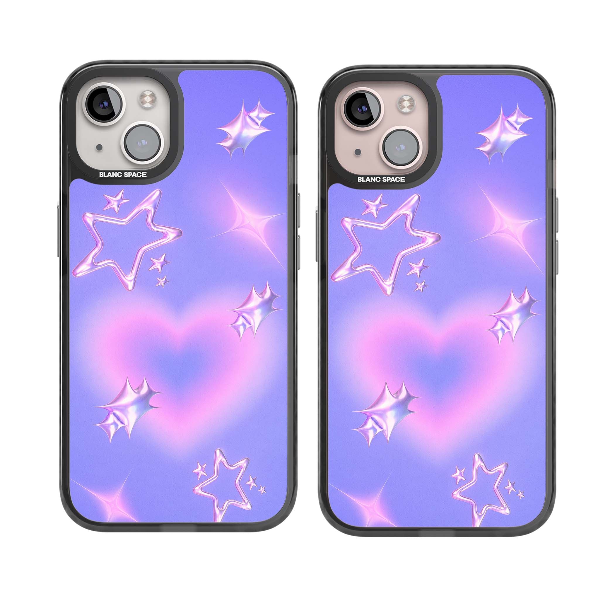 Soft Sugar Y2K iPhone case featuring iridescent chrome hearts, metallic pink stars and a lavender gradient sky | Black Impact Magsafe case for iPhone 13, iPhone 14, iPhone 15