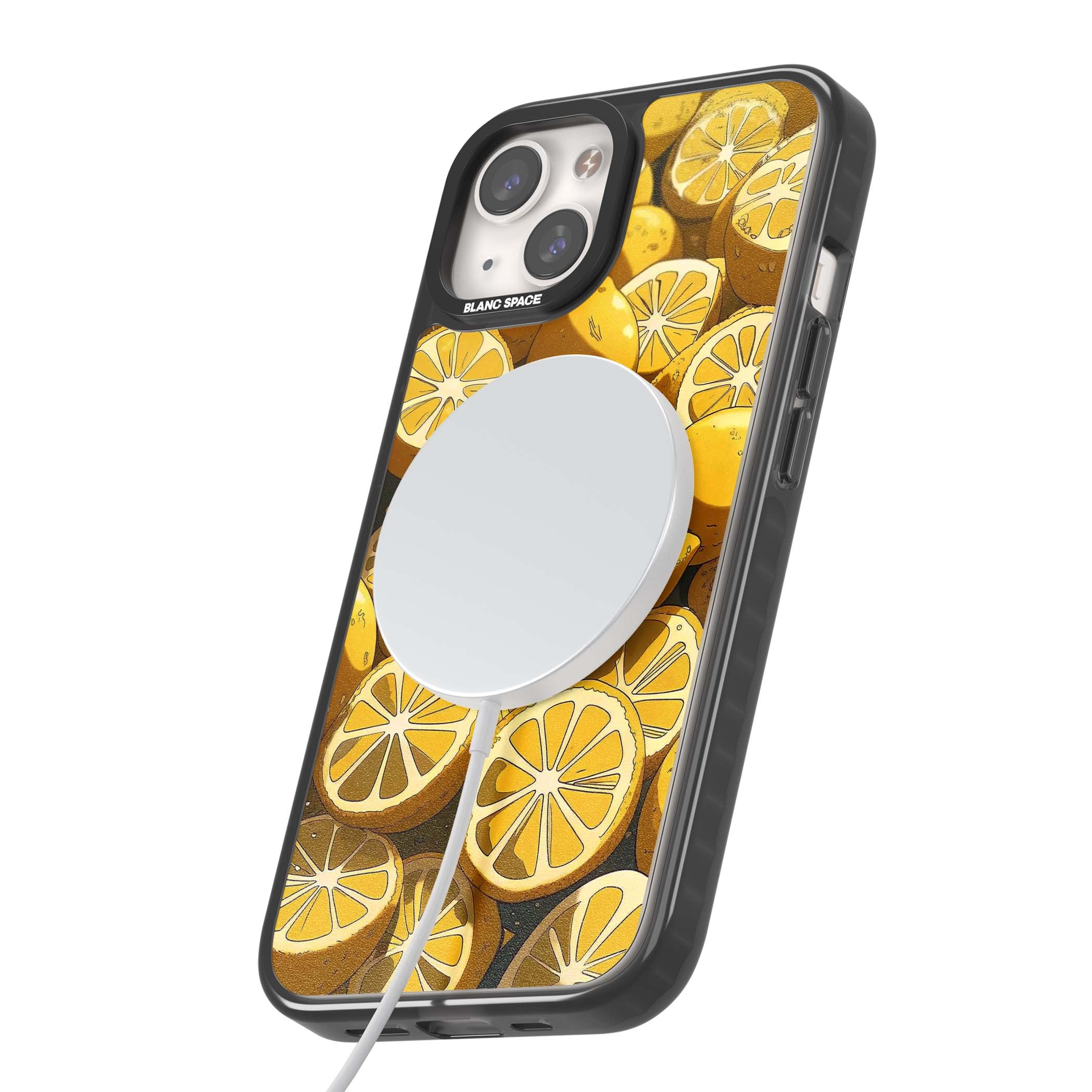 Zesty coastal iPhone case featuring illustrated Mediterranean lemons and citrus slices in golden yellow | Black Impact Magsafe case for iPhone 13, iPhone 14, iPhone 15
