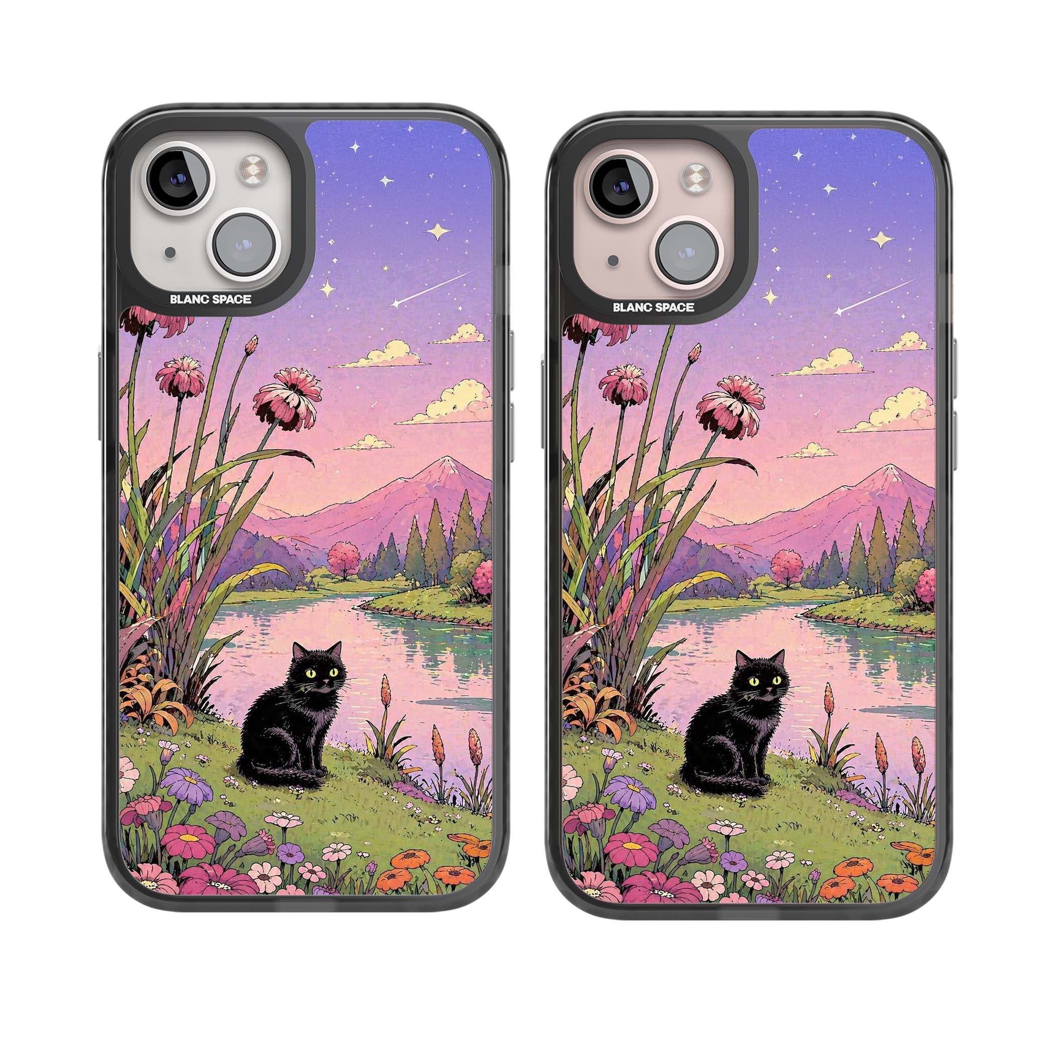 Mystic Whiskers ghibli iPhone case featuring a black cat by a pastel lake, wildflowers and a starry sunset sky | Black Impact case for iPhone 13, iPhone 14, iPhone 15