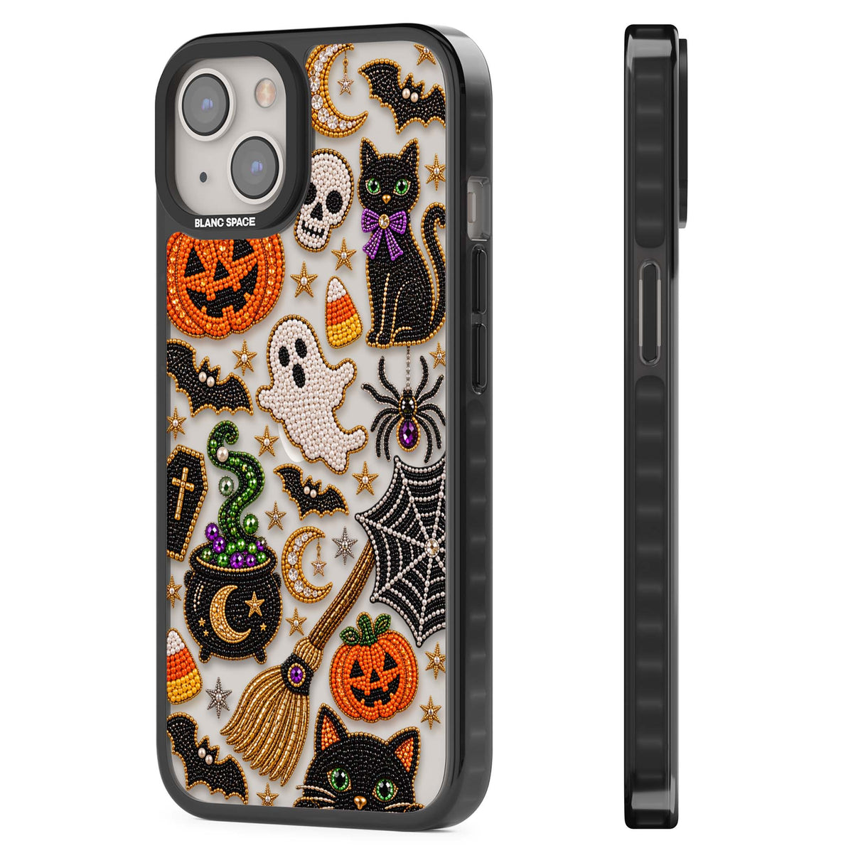Beaded Halloween Halloween iPhone case featuring beaded pumpkins, ghosts, black cats and bats | Black Impact case for iPhone 13, iPhone 14, iPhone 15
