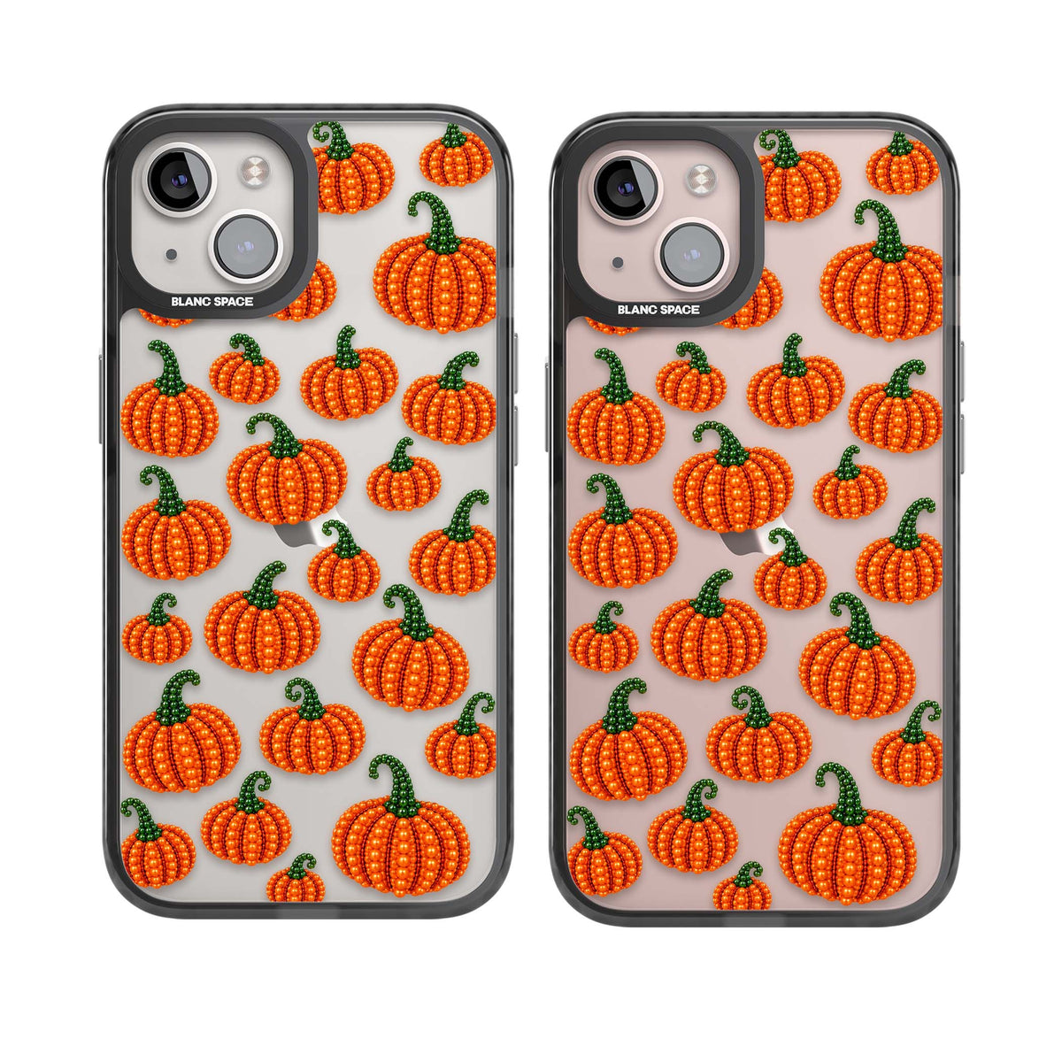 Beaded Pumpkins halloween iPhone case featuring beaded orange pumpkins with green stems on a clear background | Black Impact case for iPhone 13, iPhone 14, iPhone 15