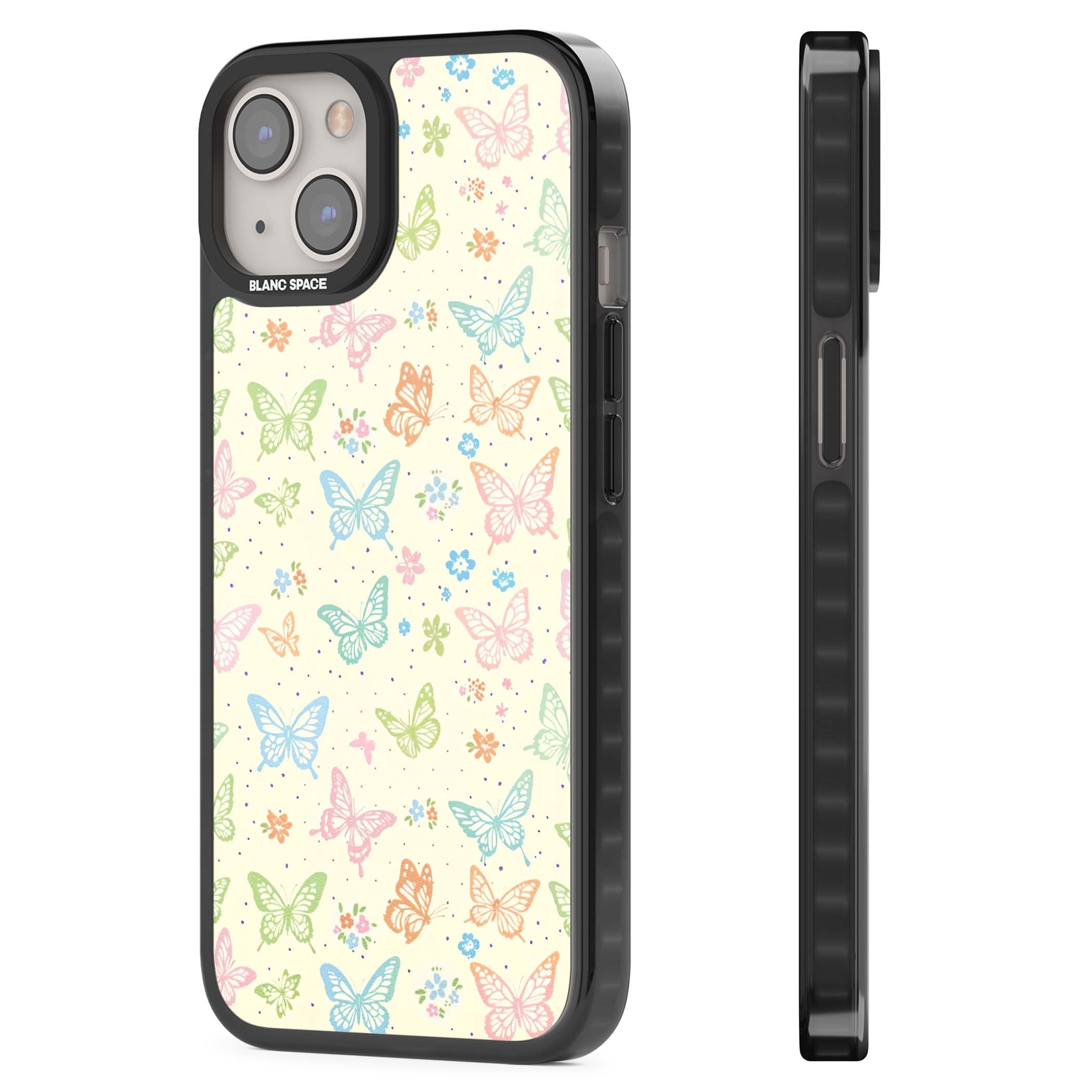 Sugar Wings cottagecore iPhone case featuring rainbow pastel butterflies, tiny wildflowers, and a cream background | Black Impact case for iPhone 13, iPhone 14, iPhone 15