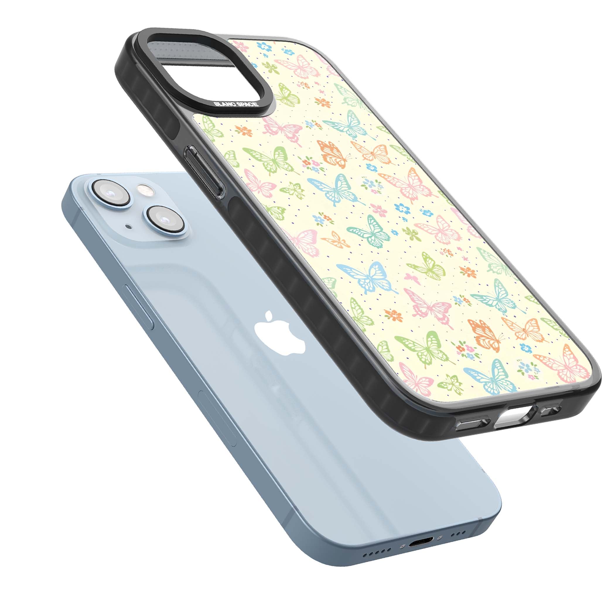 Sugar Wings cottagecore iPhone case featuring rainbow pastel butterflies, tiny wildflowers, and a cream background | Black Impact case for iPhone 13, iPhone 14, iPhone 15