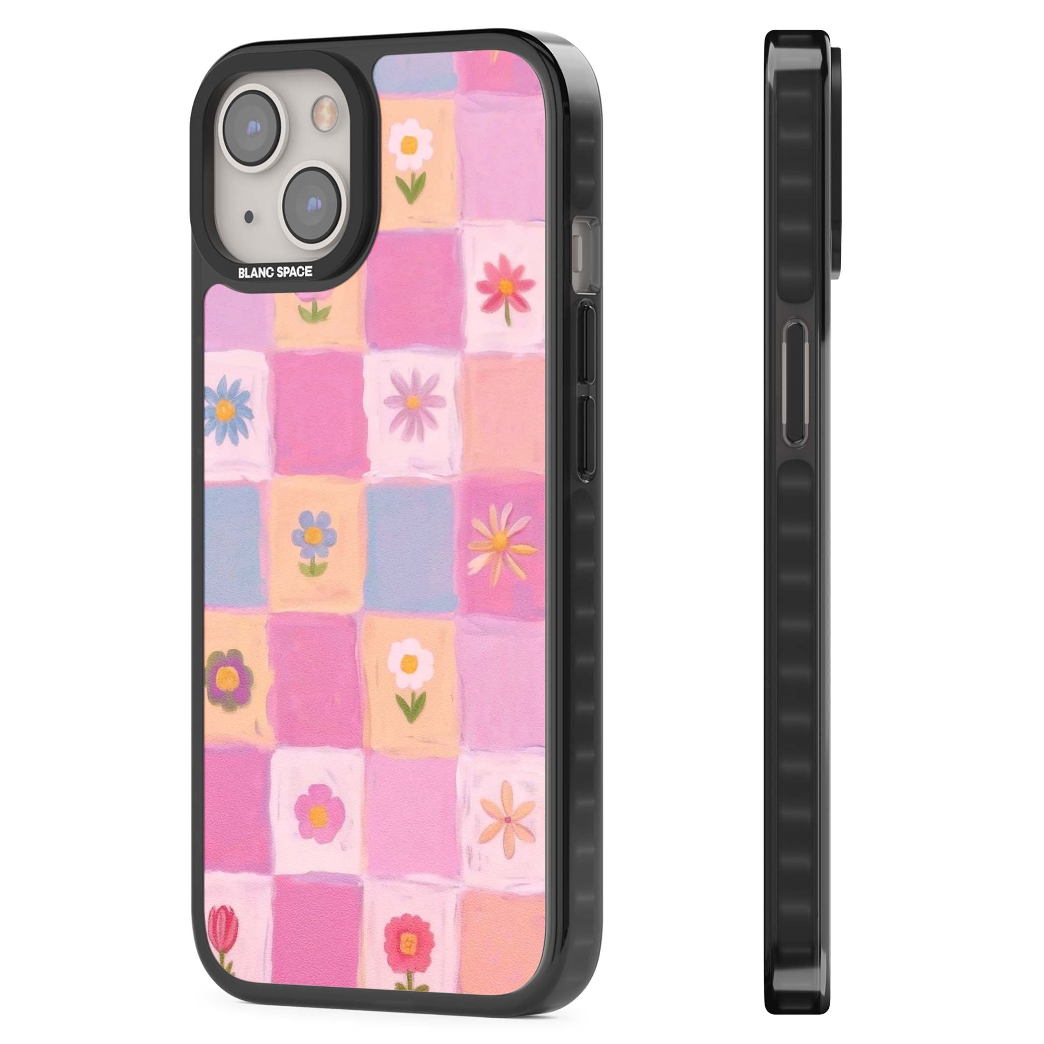 Pastel Flower Patchwork cottagecore iPhone case featuring painted pink and lilac squares with daisies and wildflowers | Black Impact case for iPhone 13, iPhone 14, iPhone 15
